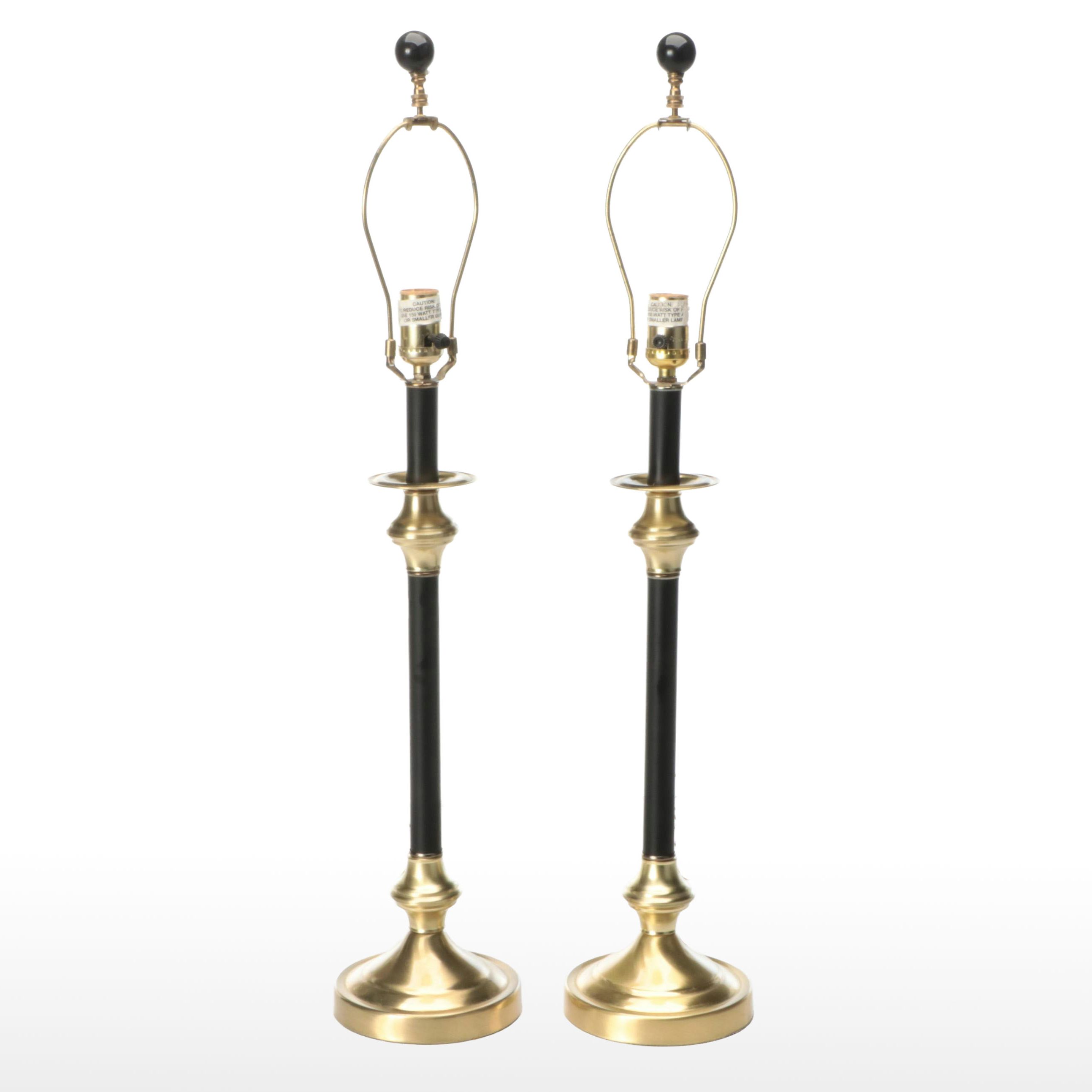 Pair of Black Acrylic and Buffed Brass Console Candlestick Lamps