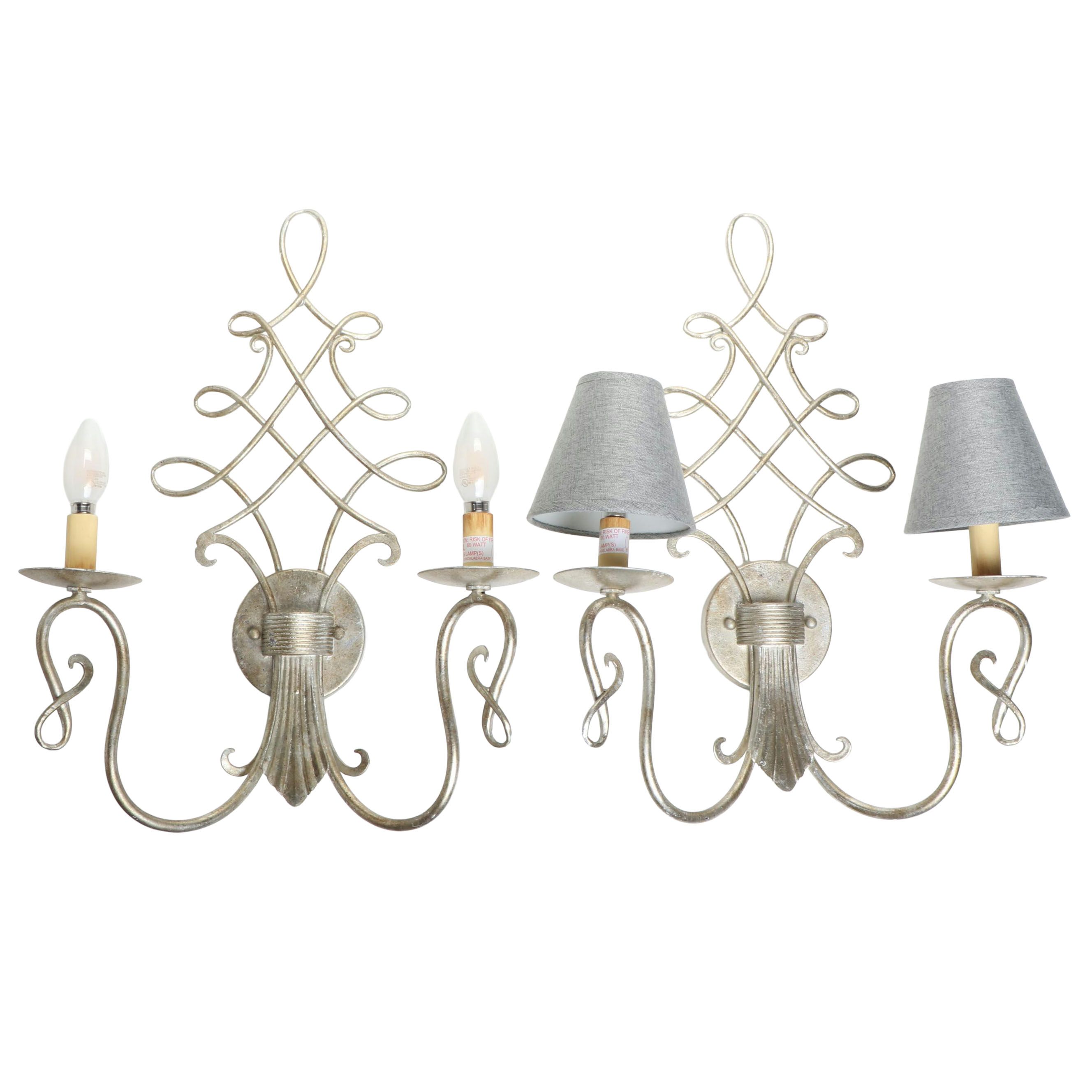 Pair of Silver Gilt Ornate Wall Candle Sconces with Grey Cotton Clip-on Shades