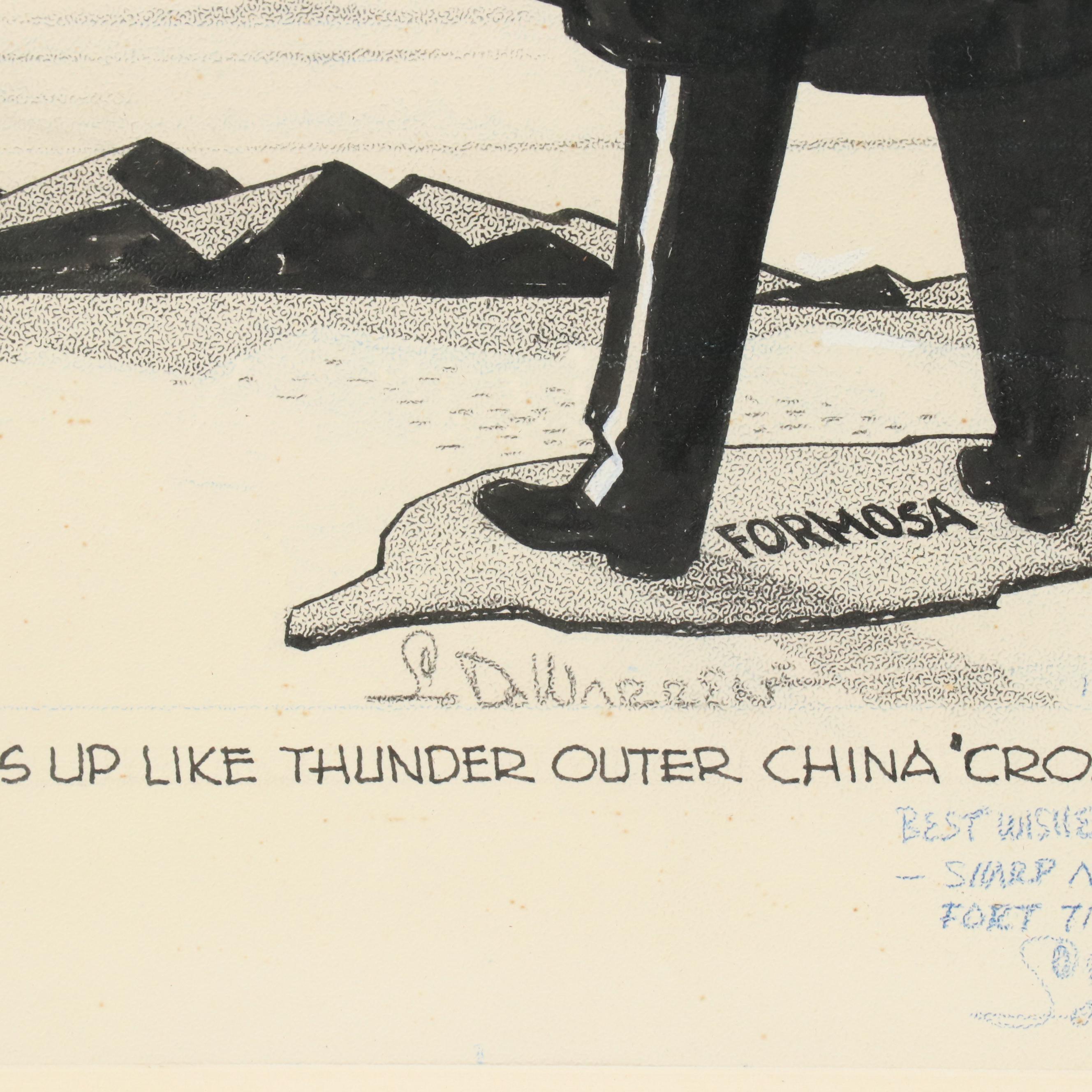 L.D. Warren Editorial Cartoon Style Ink Drawing, 1967