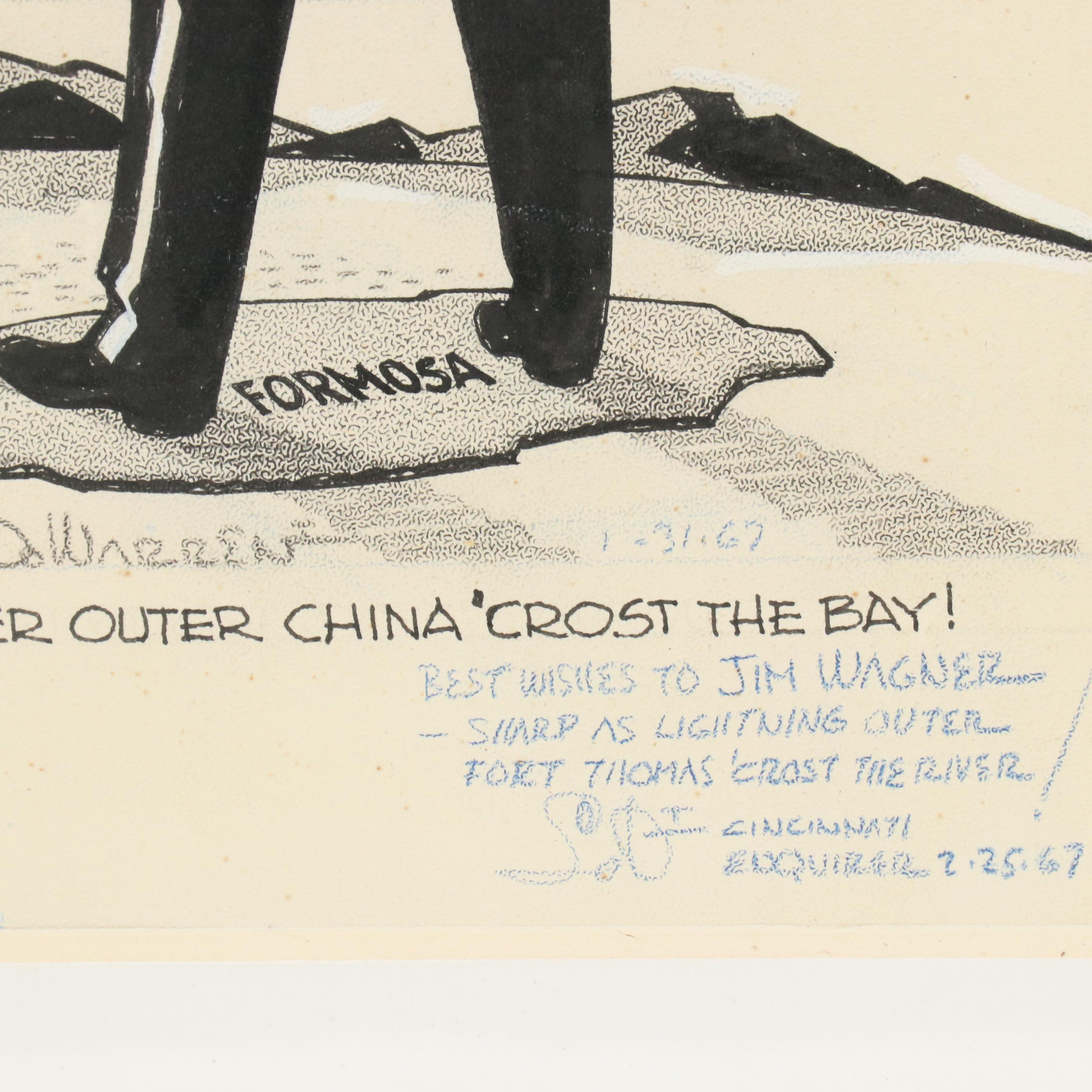 L.D. Warren Editorial Cartoon Style Ink Drawing, 1967