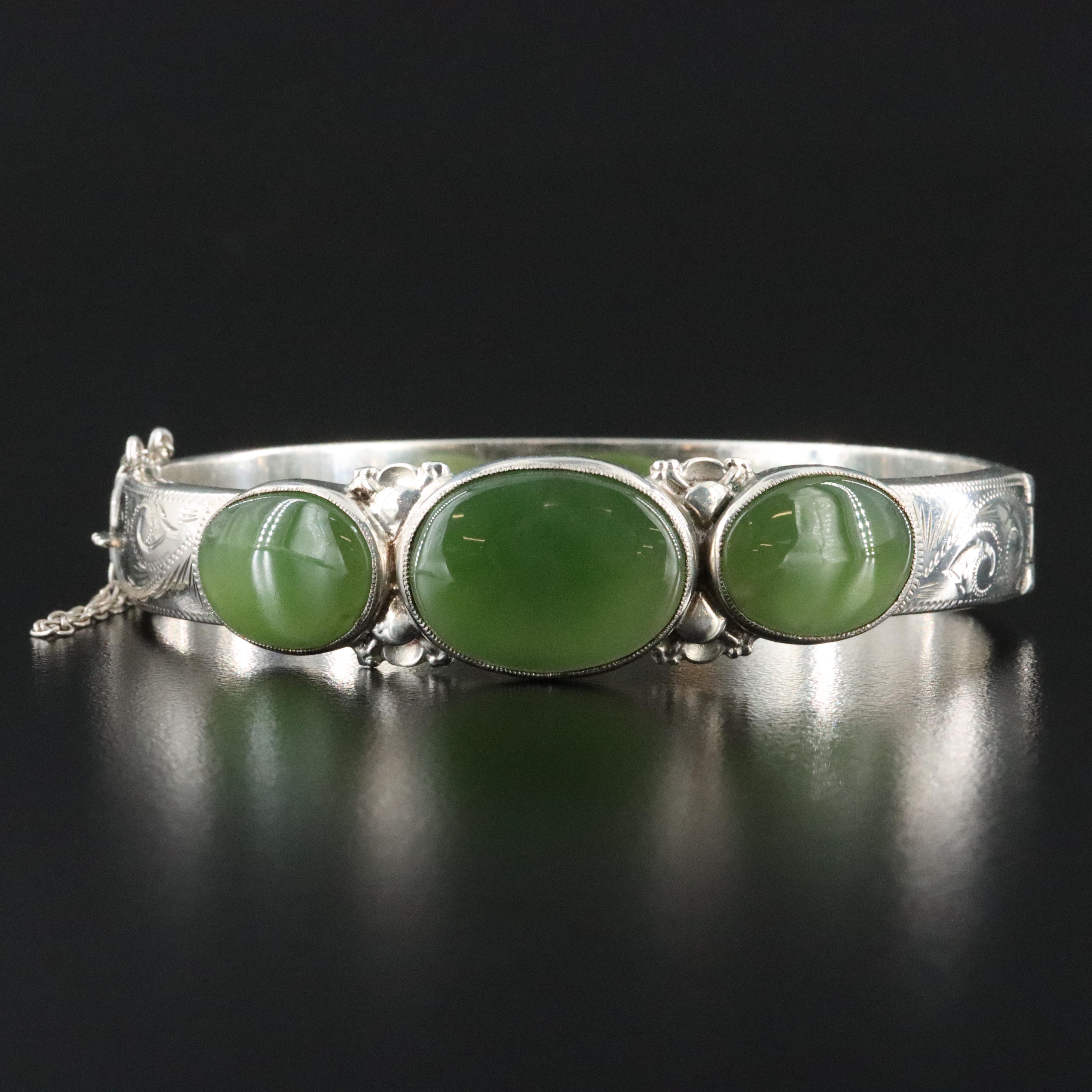 Sterling Nephrite Hinged Bangle