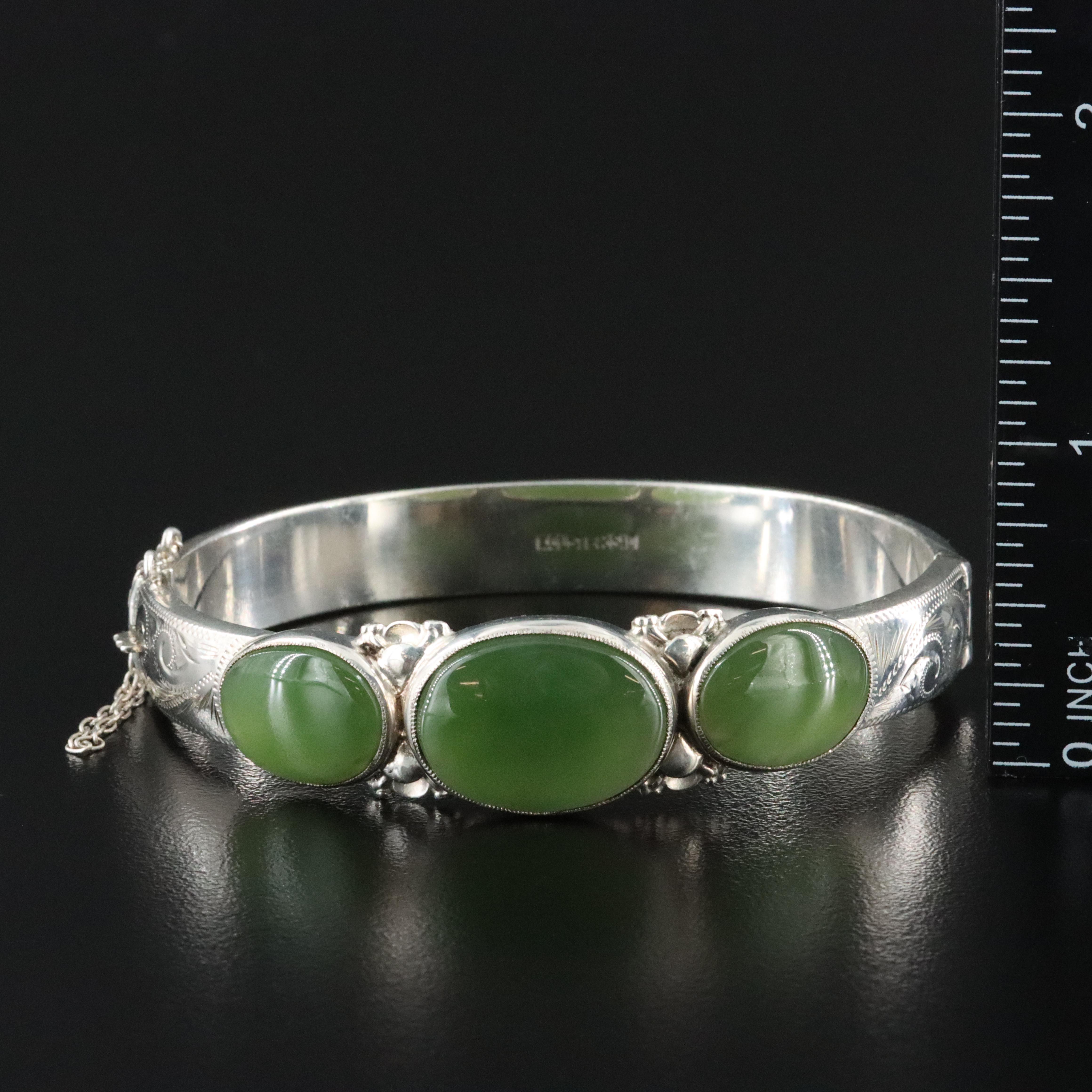 Sterling Nephrite Hinged Bangle