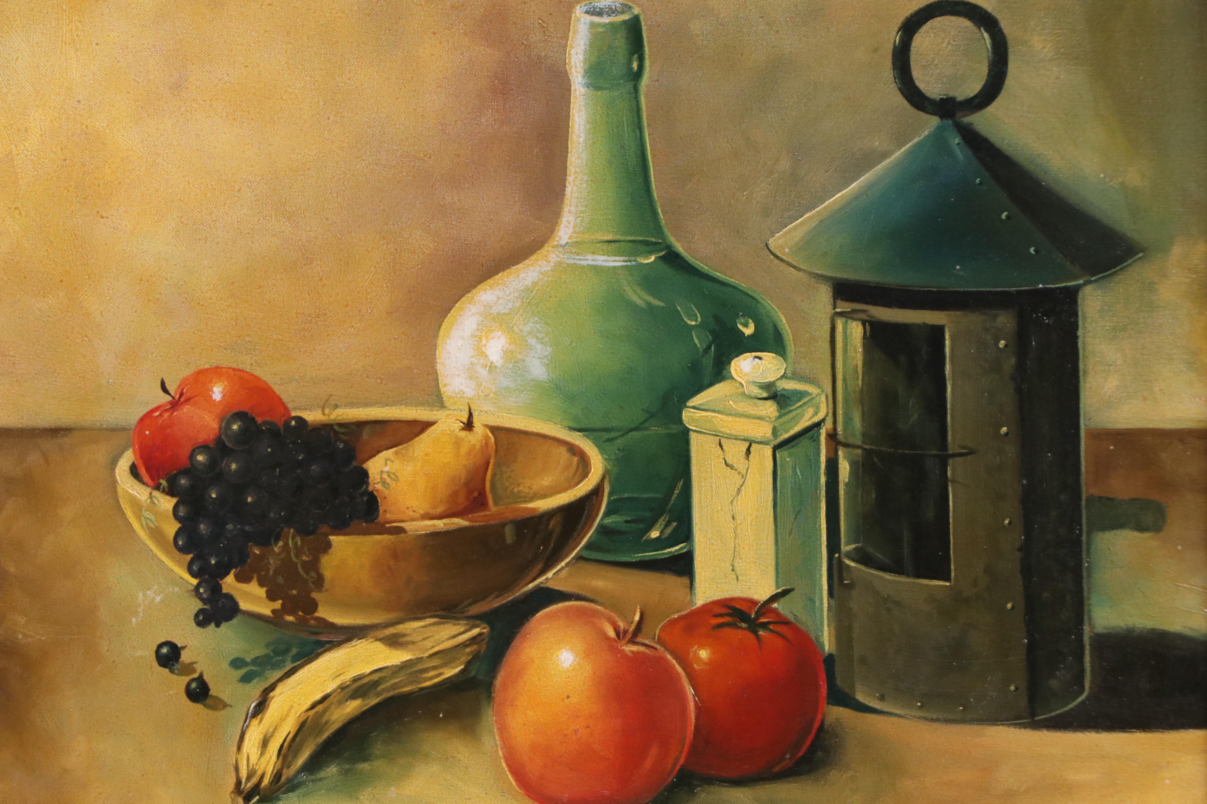 G. Wagner Still Life Oil Painting with Lantern and Fruit, 20th Century