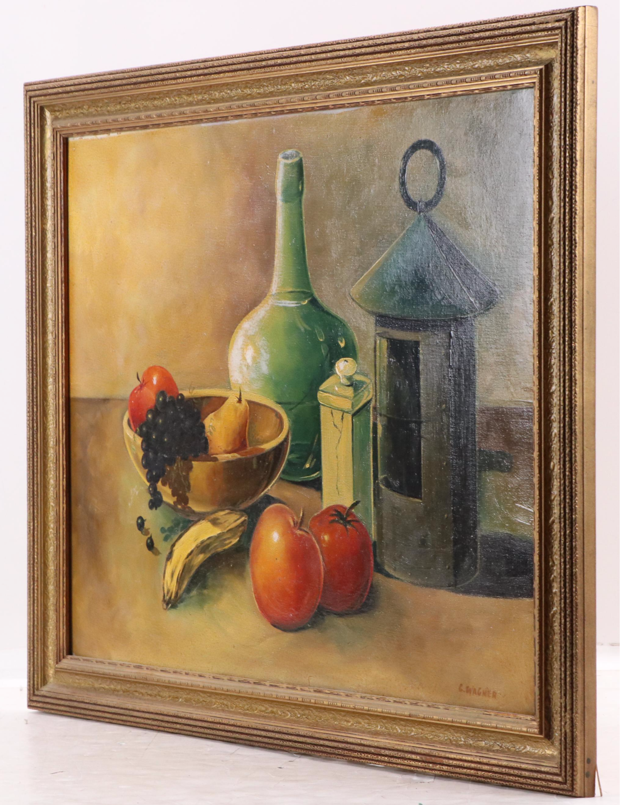 G. Wagner Still Life Oil Painting with Lantern and Fruit, 20th Century