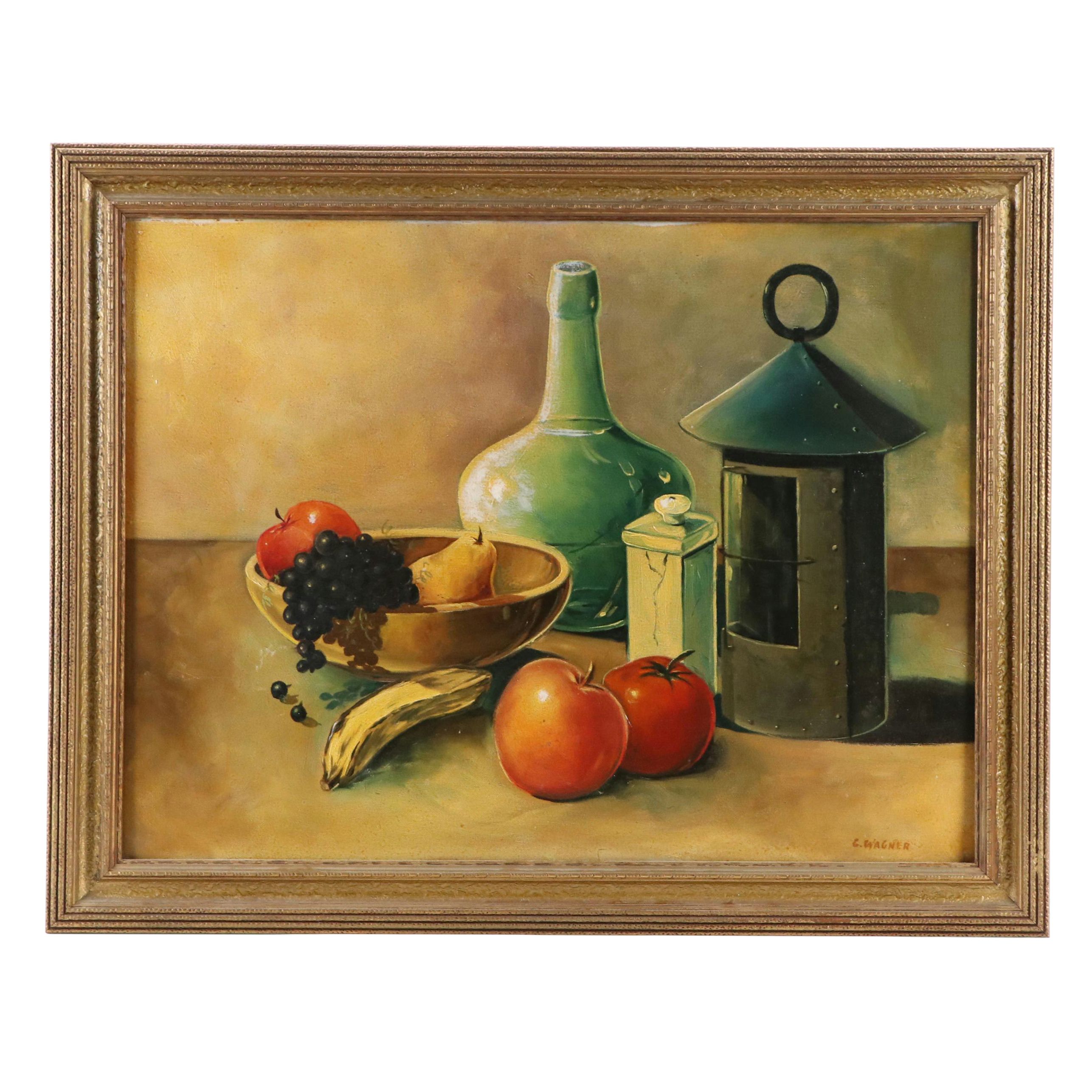G. Wagner Still Life Oil Painting with Lantern and Fruit, 20th Century