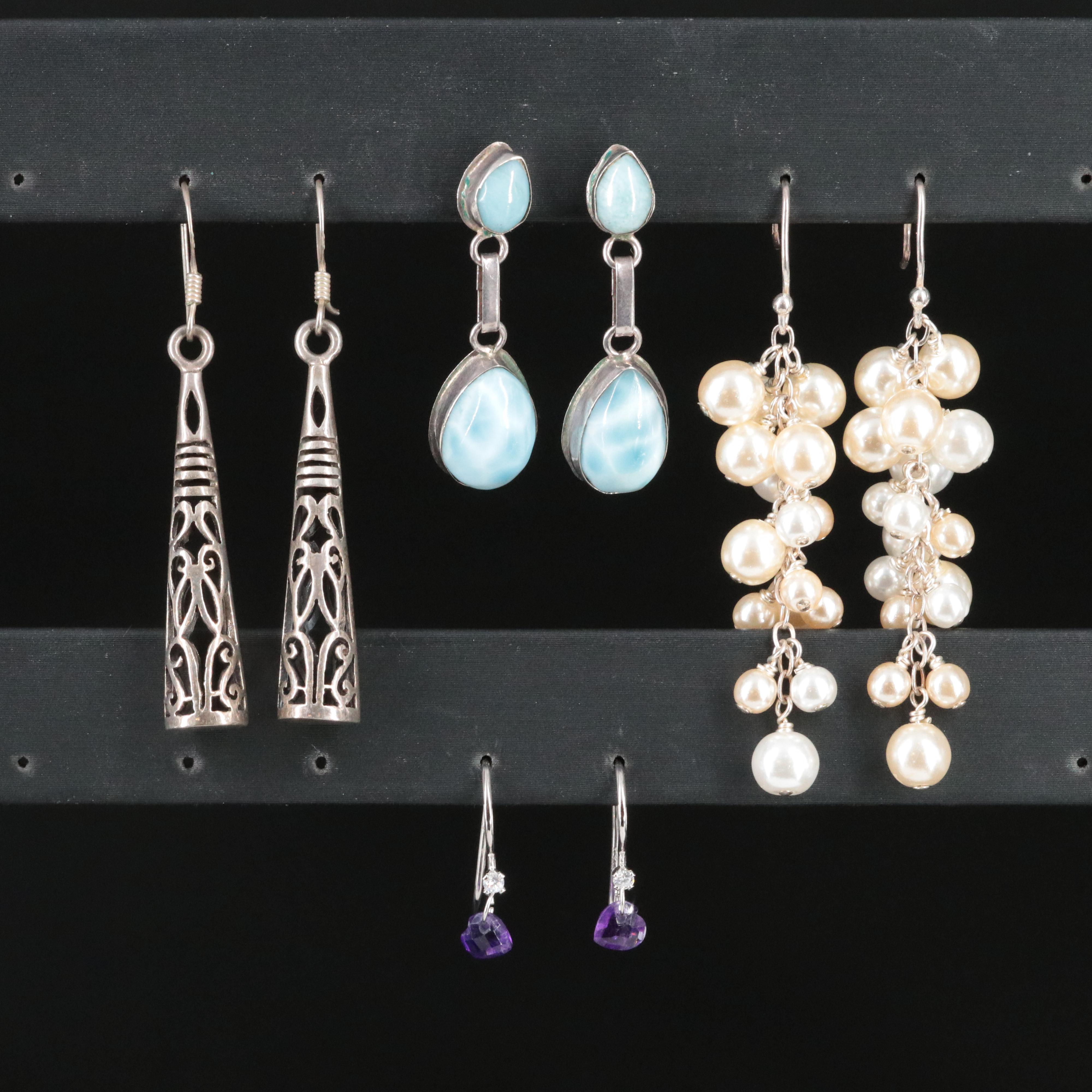 Sterling Faux Pearl, Larimar and Cubic Zirconia Drop Earrings