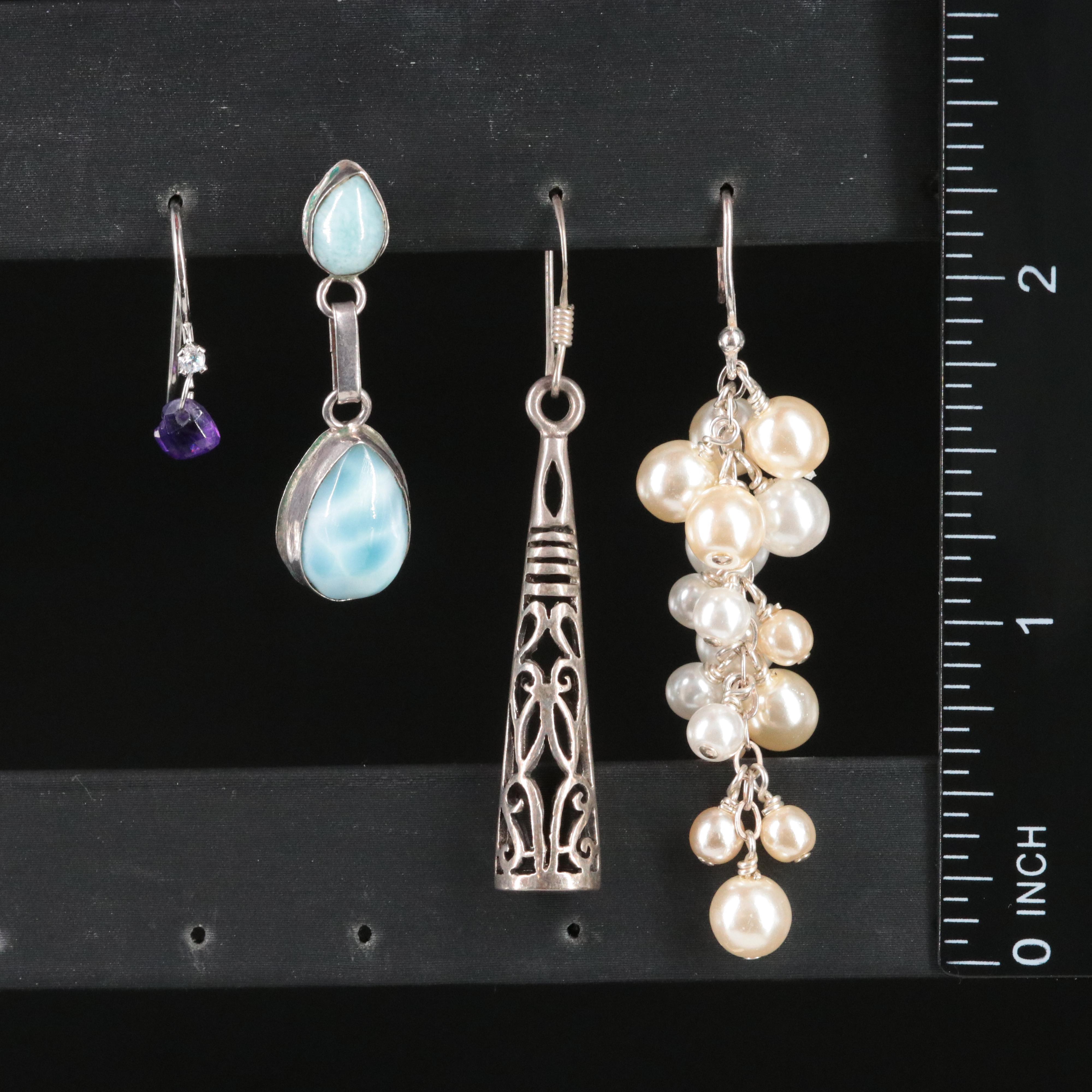 Sterling Faux Pearl, Larimar and Cubic Zirconia Drop Earrings