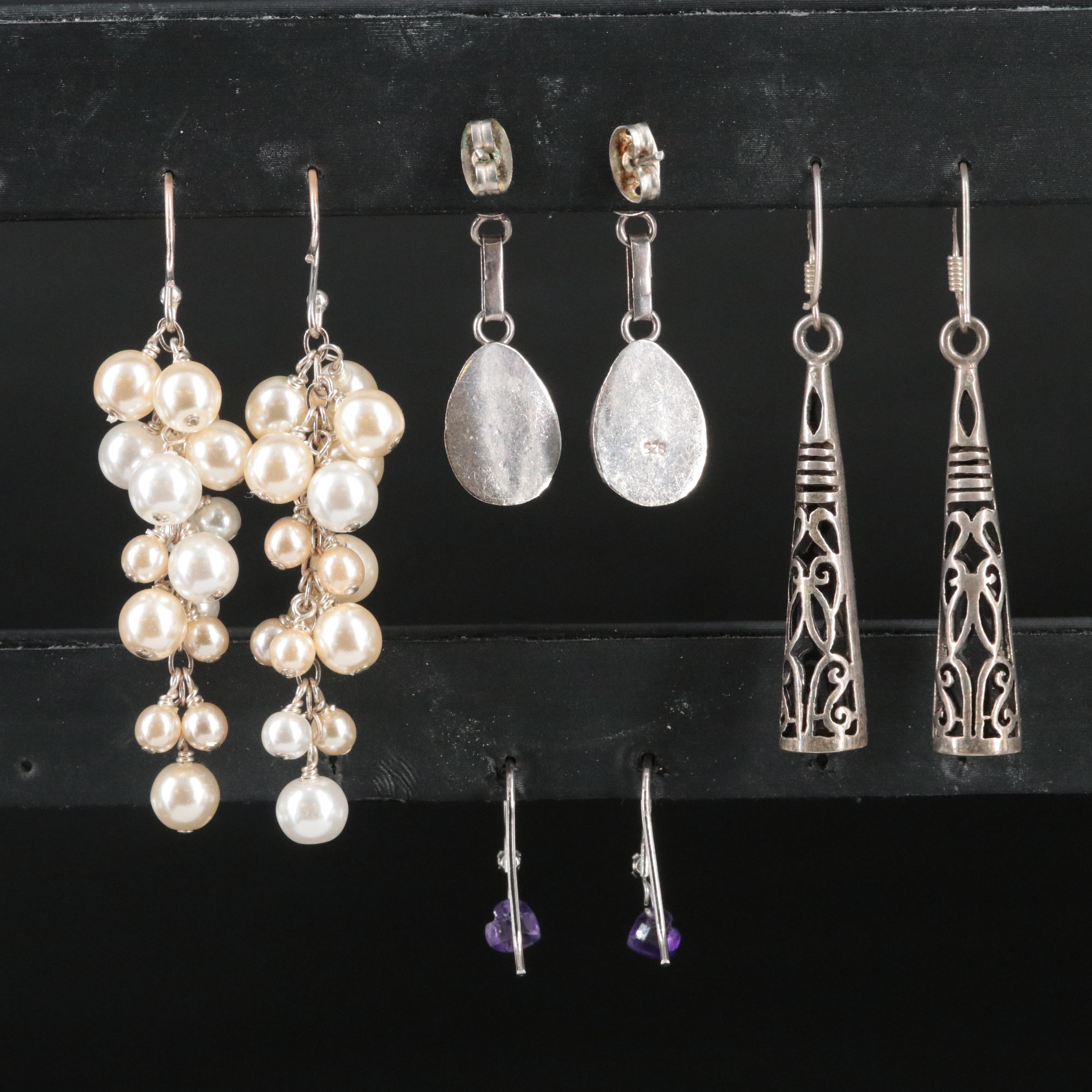 Sterling Faux Pearl, Larimar and Cubic Zirconia Drop Earrings