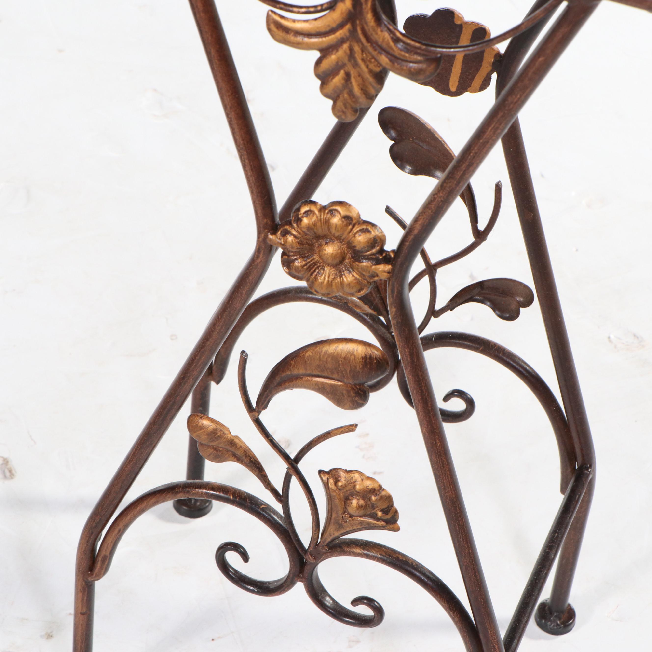 Pier 1 Glass Top Plant Stand with Arrow Legs and a Floral Metal Accent Table