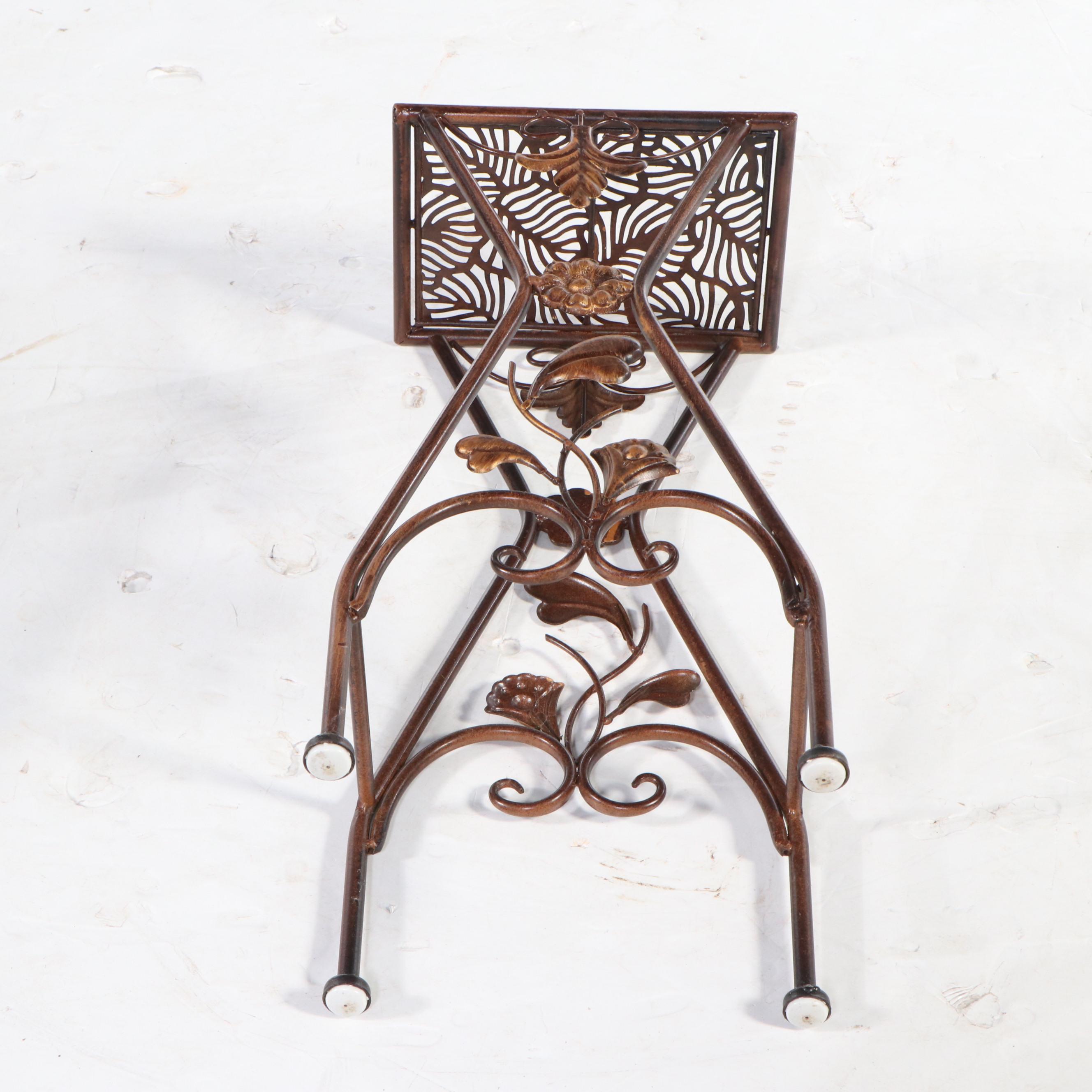 Pier 1 Glass Top Plant Stand with Arrow Legs and a Floral Metal Accent Table