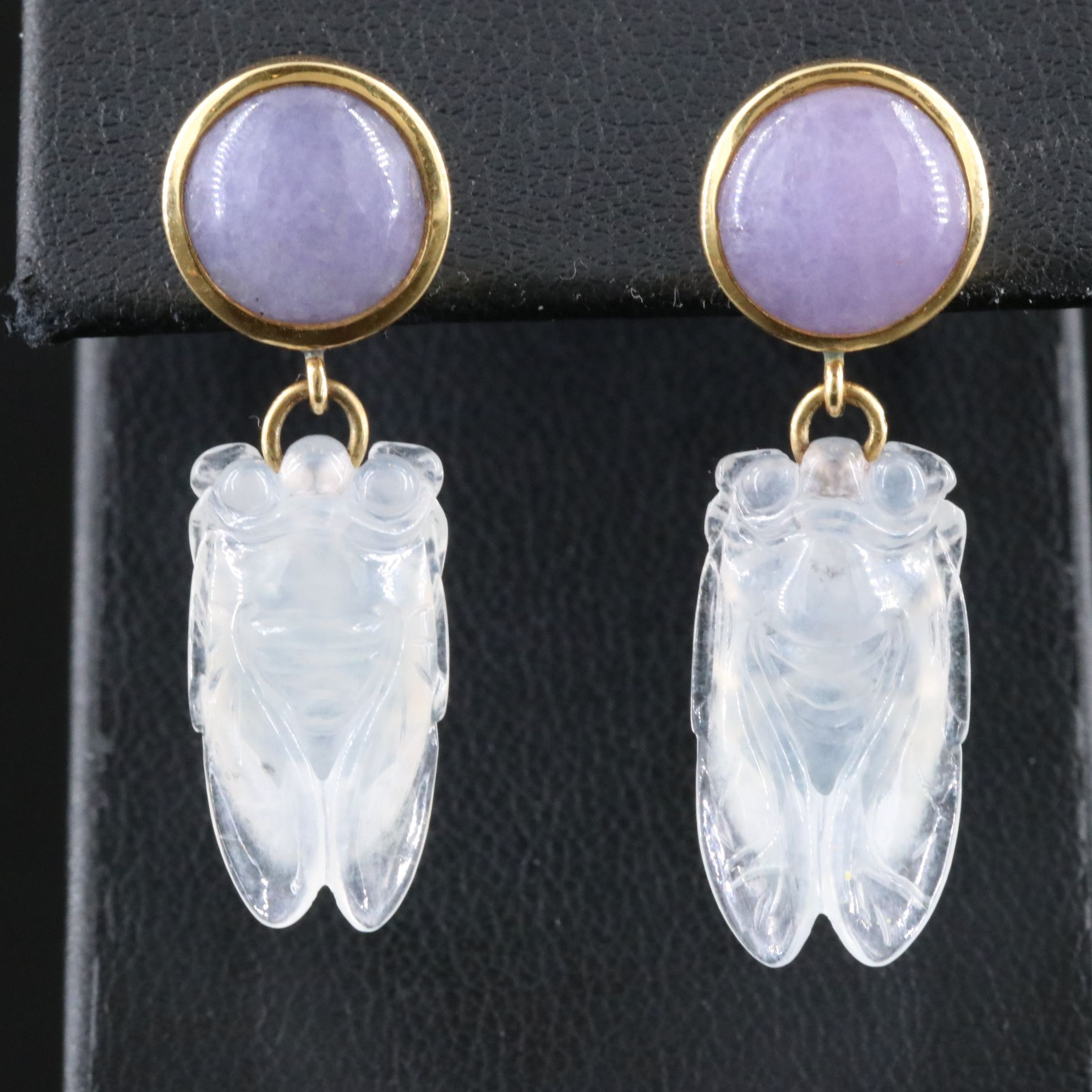 18K Lavender and White Jadeite Cicada Carved Drop Earrings