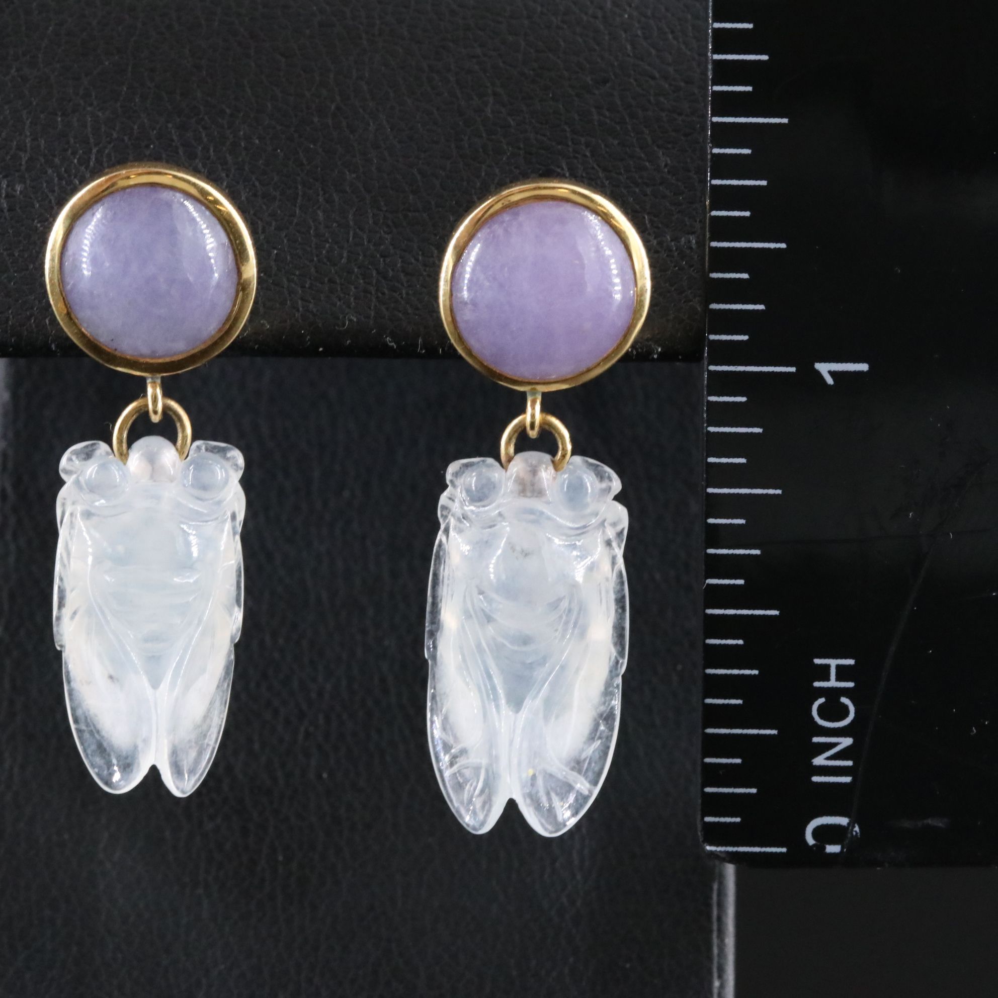 18K Lavender and White Jadeite Cicada Carved Drop Earrings