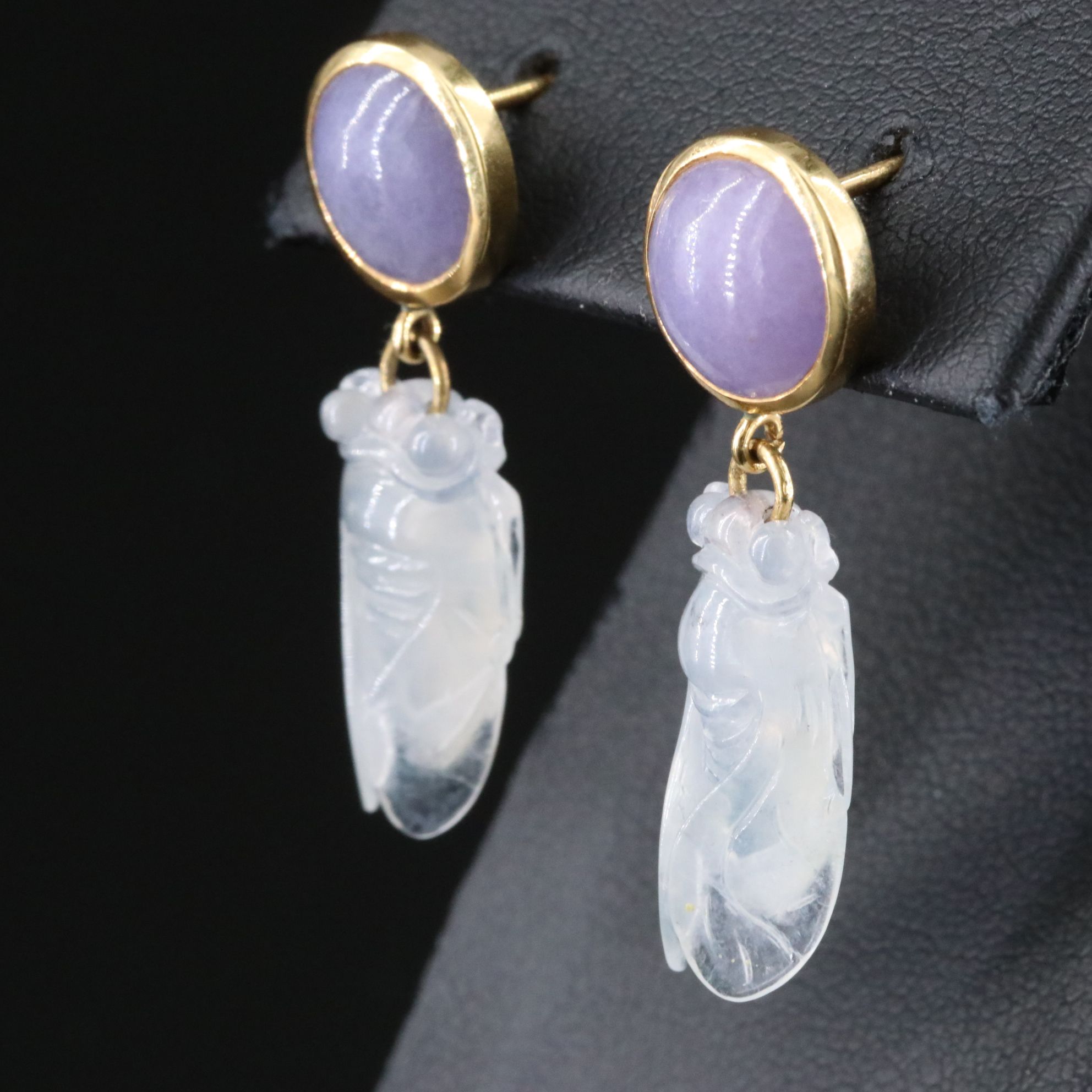 18K Lavender and White Jadeite Cicada Carved Drop Earrings