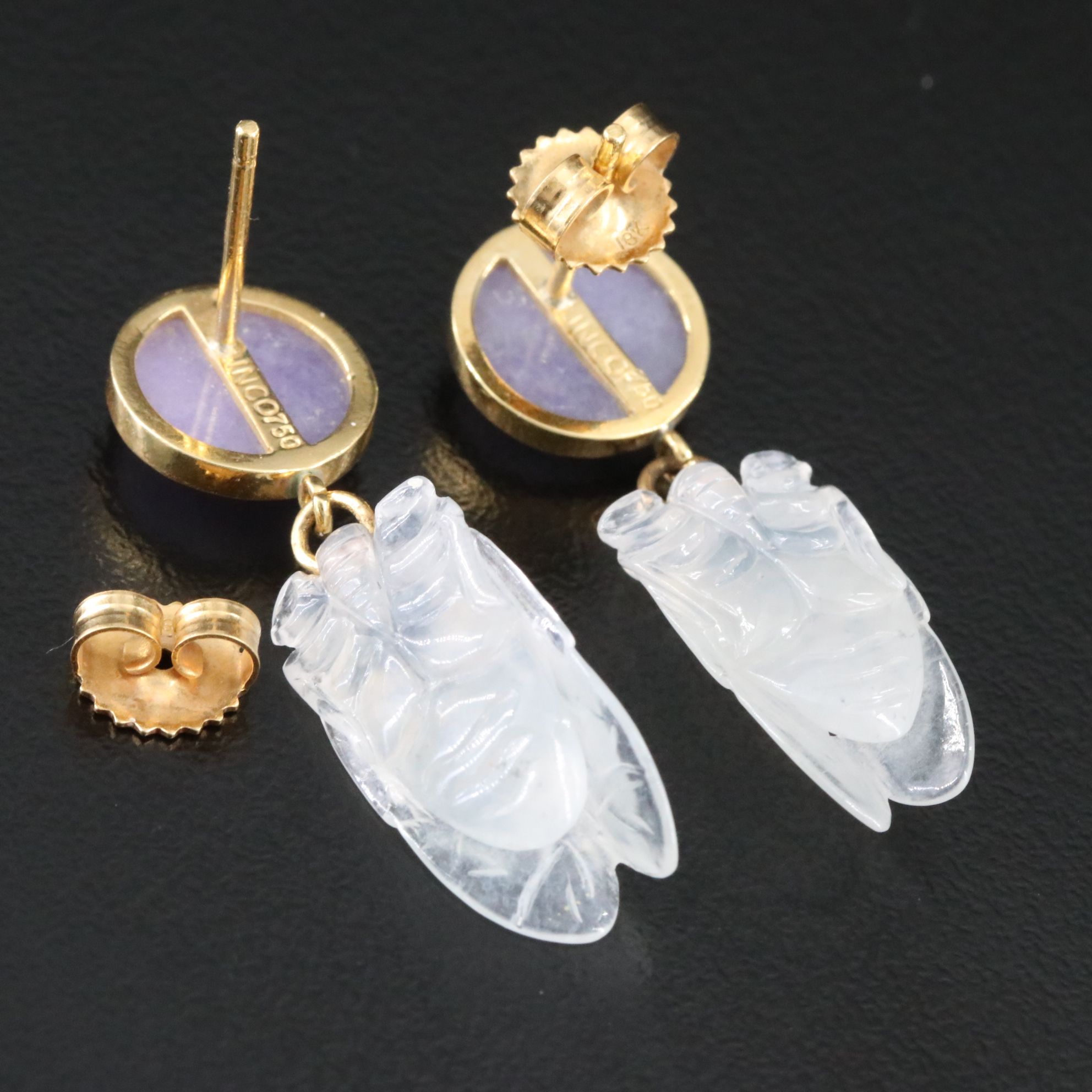 18K Lavender and White Jadeite Cicada Carved Drop Earrings