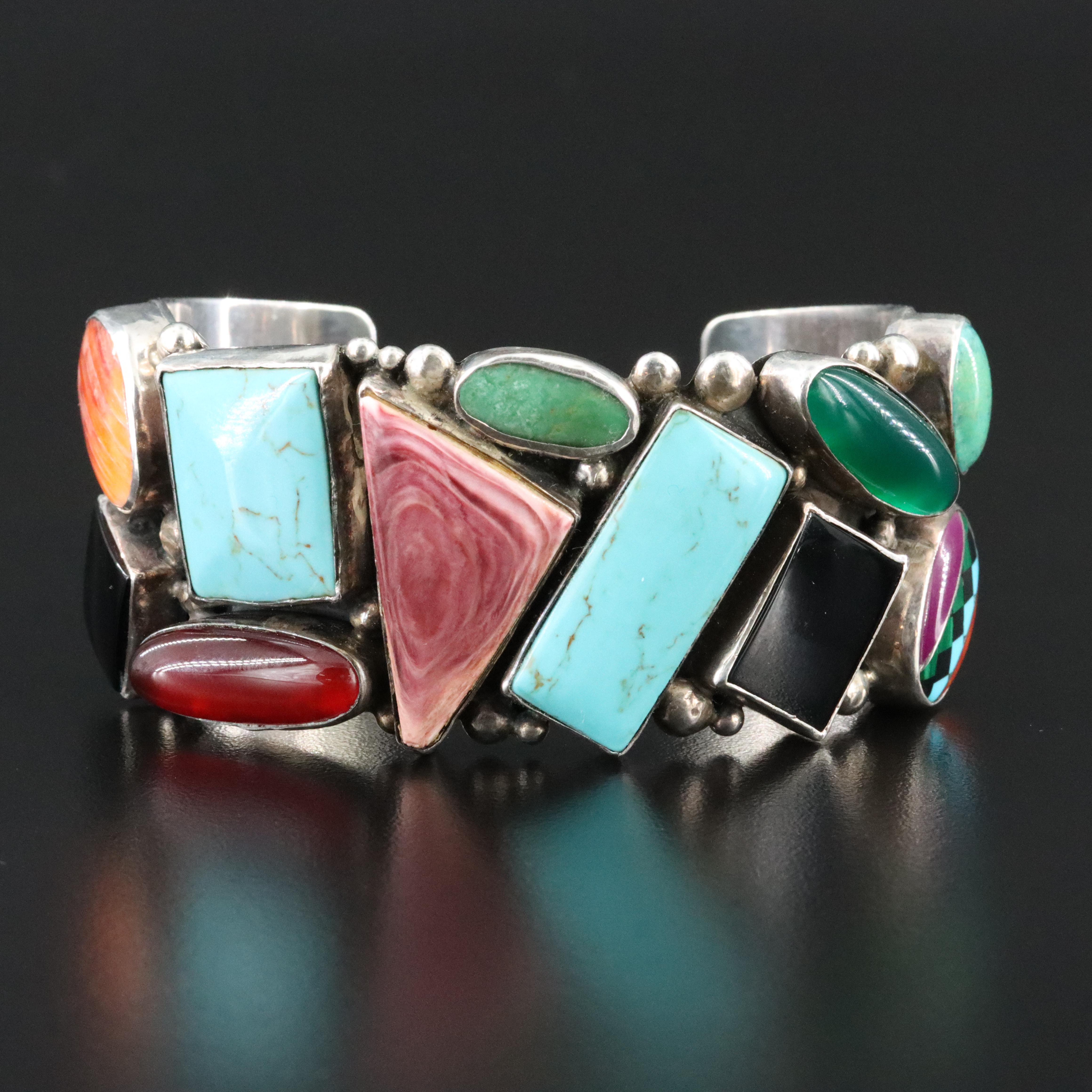 Southwestern Signed Sterling and Gemstone Cuff Bracelet