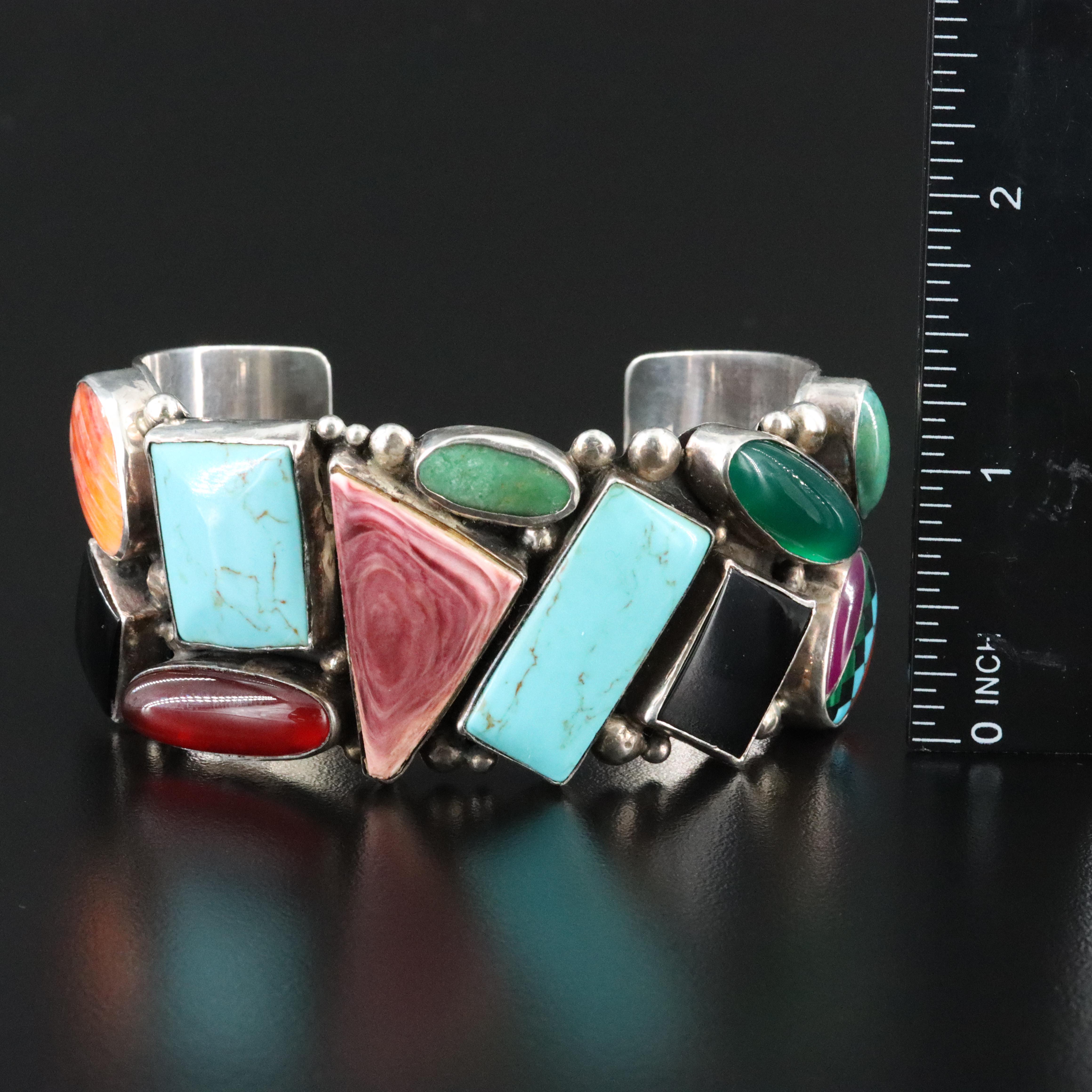 Southwestern Signed Sterling and Gemstone Cuff Bracelet