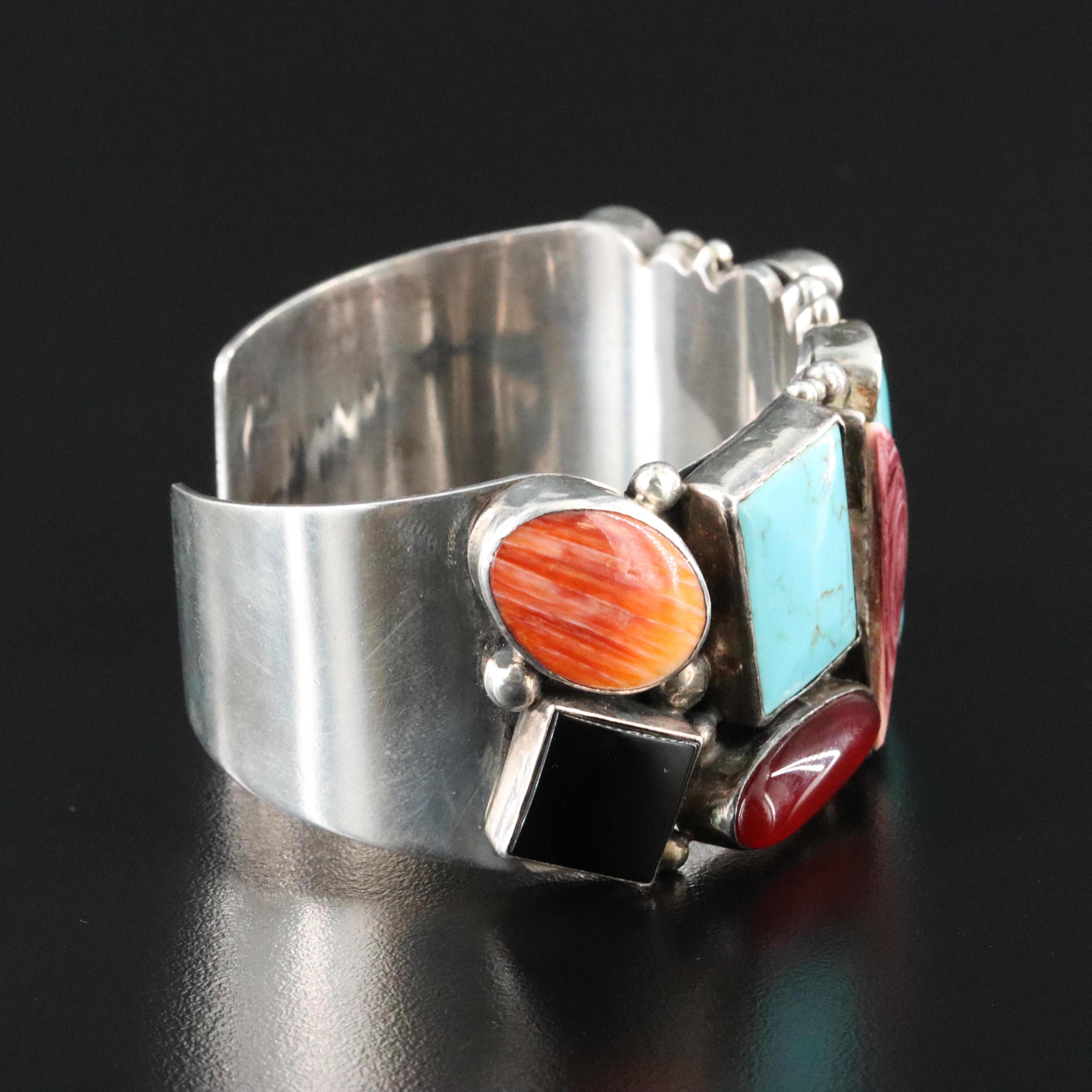 Southwestern Signed Sterling and Gemstone Cuff Bracelet