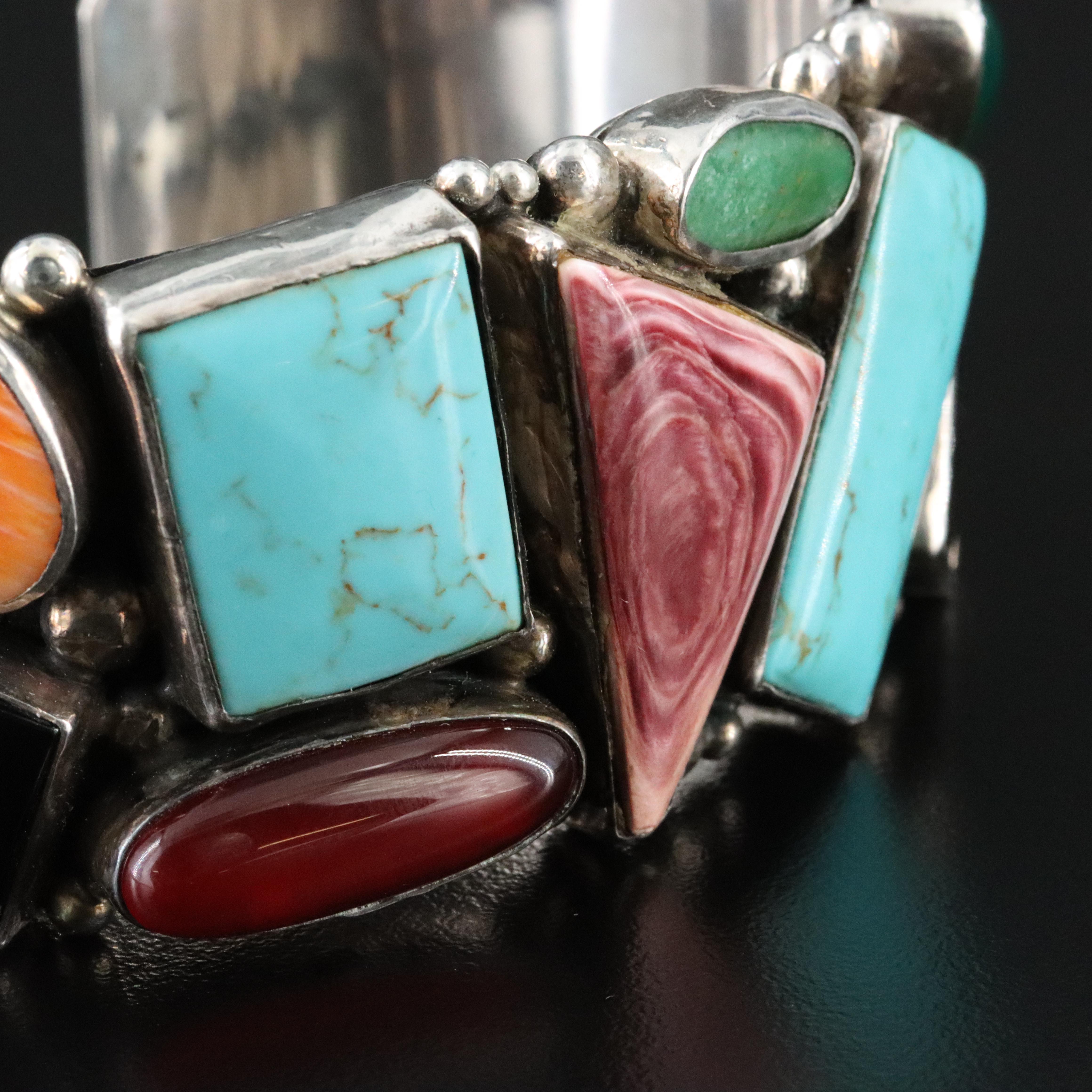 Southwestern Signed Sterling and Gemstone Cuff Bracelet