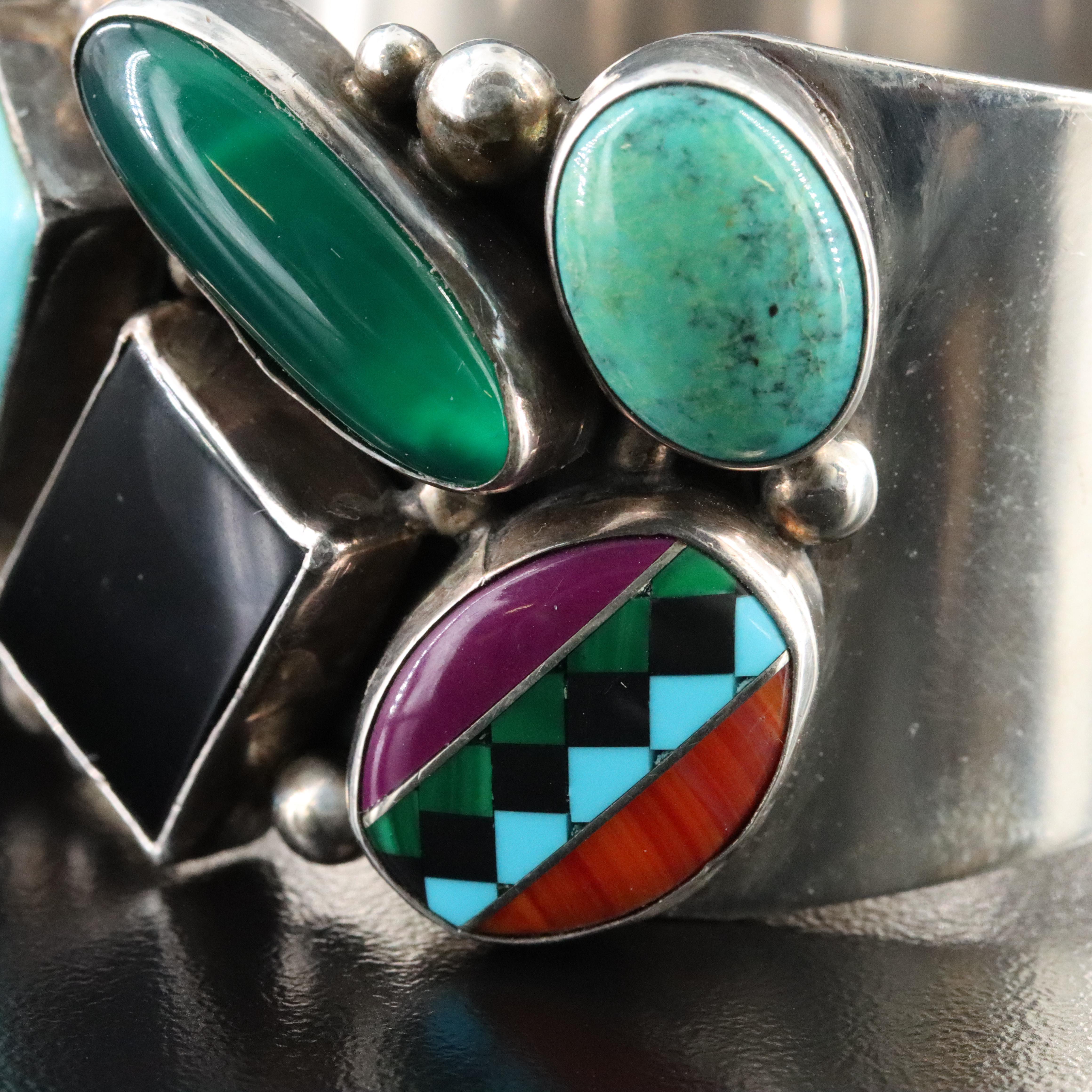 Southwestern Signed Sterling and Gemstone Cuff Bracelet