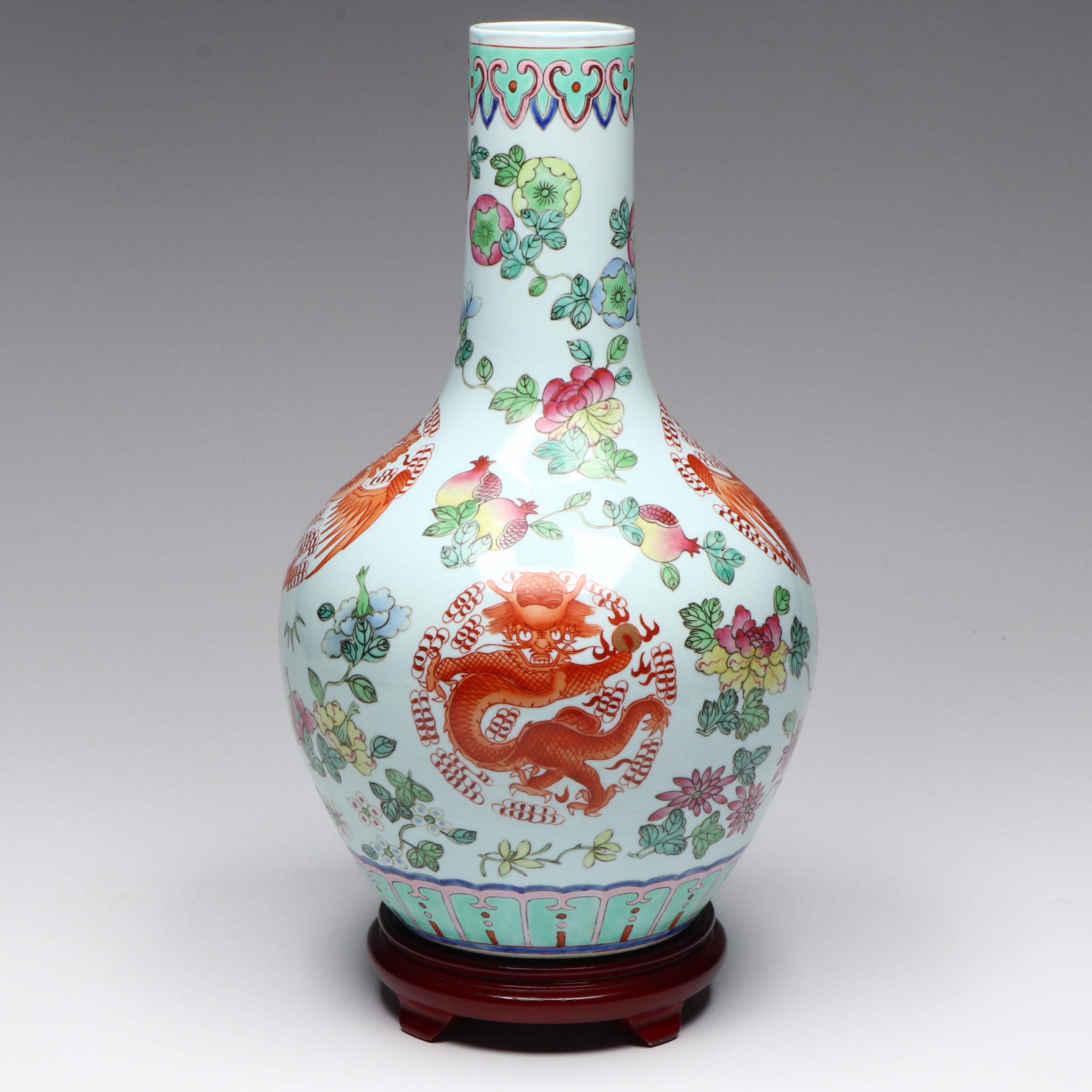 Chinese Famille Verte Porcelain Bottle and Base