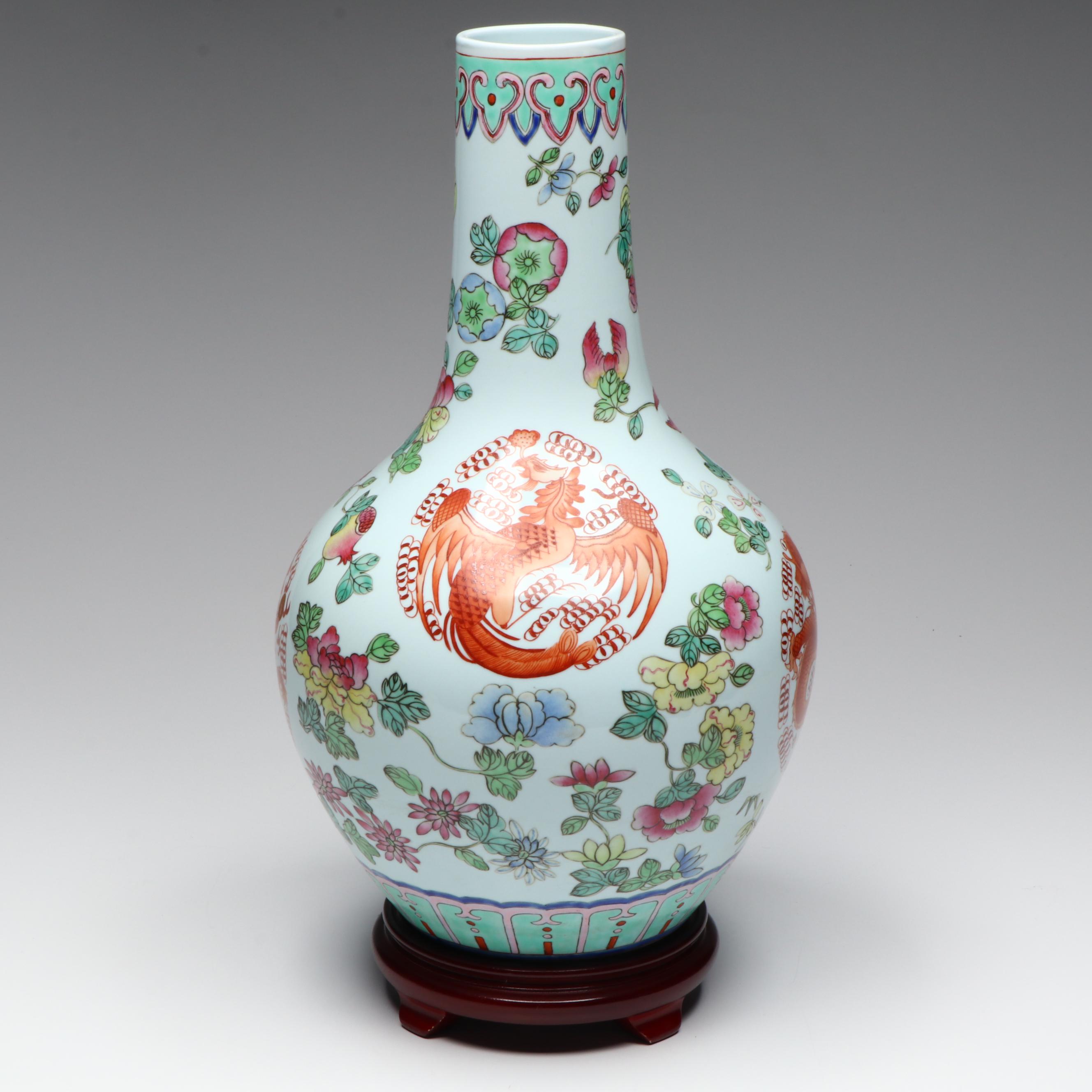 Chinese Famille Verte Porcelain Bottle and Base