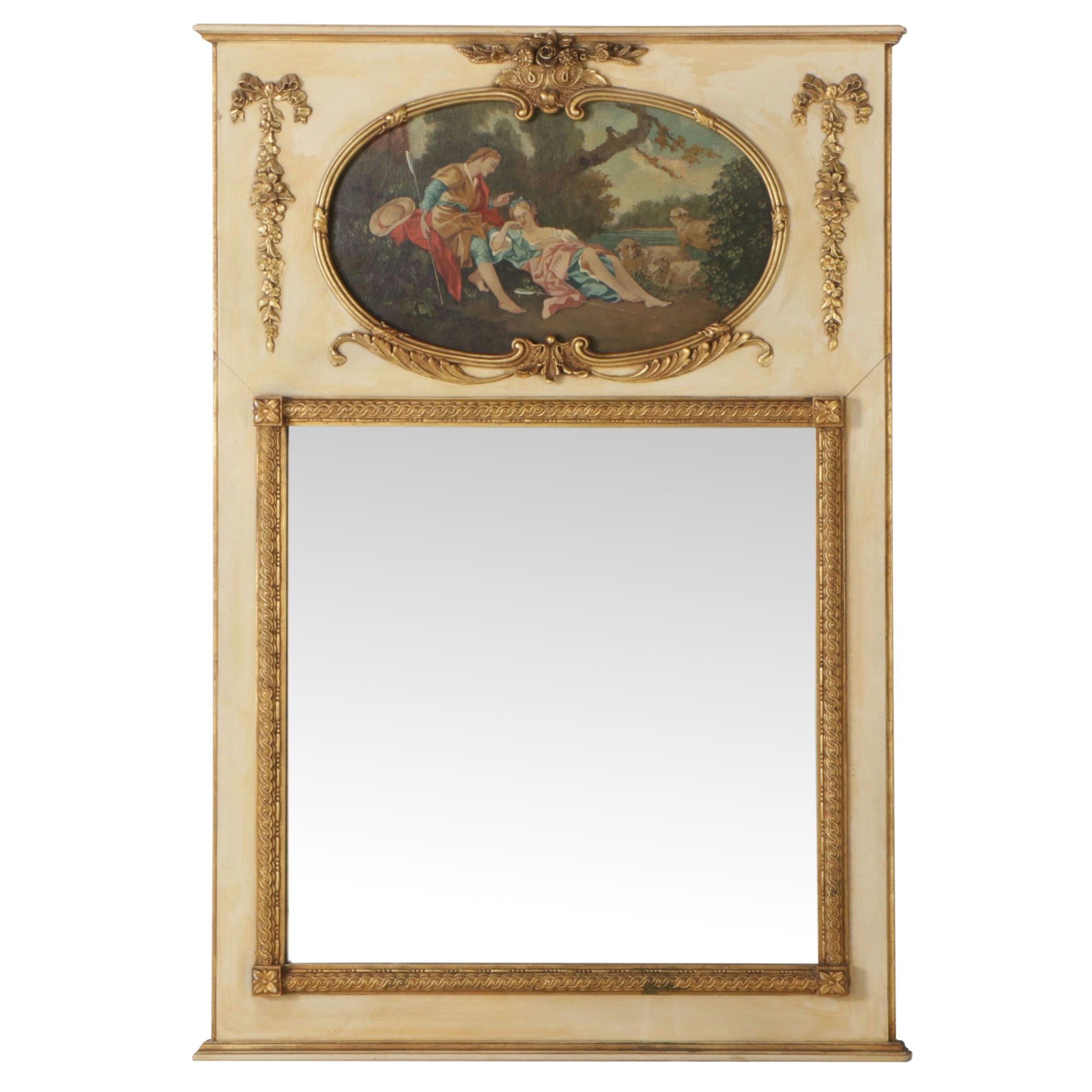 D. Milch & Son Louis XV Style Trumeau Mirror with Painted Pastoral Panel