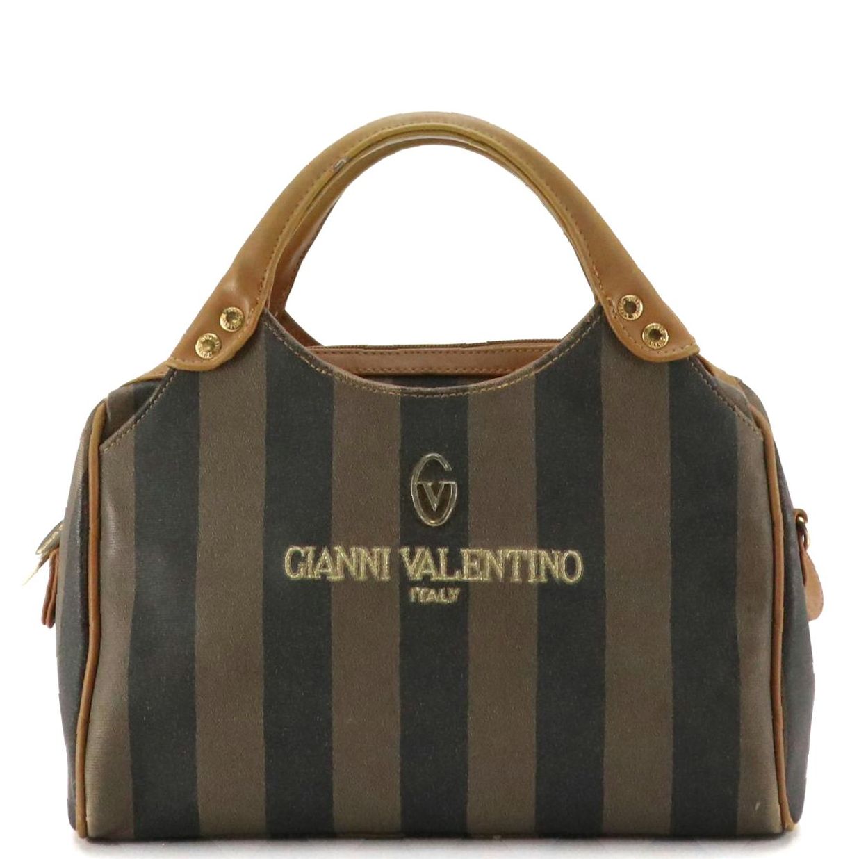 Gianni Valentino Handbag in Two-Toned Gray Striped Canvas and Brown Leather Trim