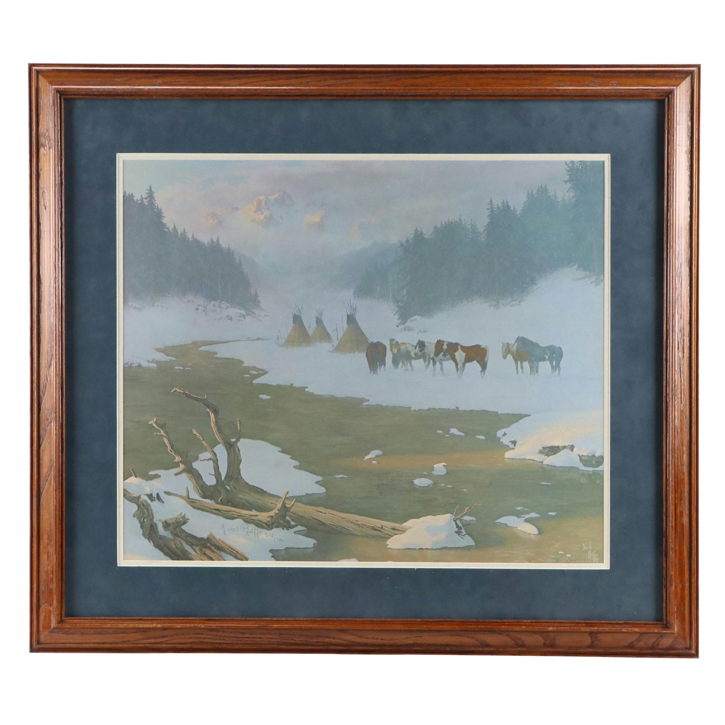 Jacob Pfeiffer Offset Lithograph of Teepees and Horses, Circa 1978
