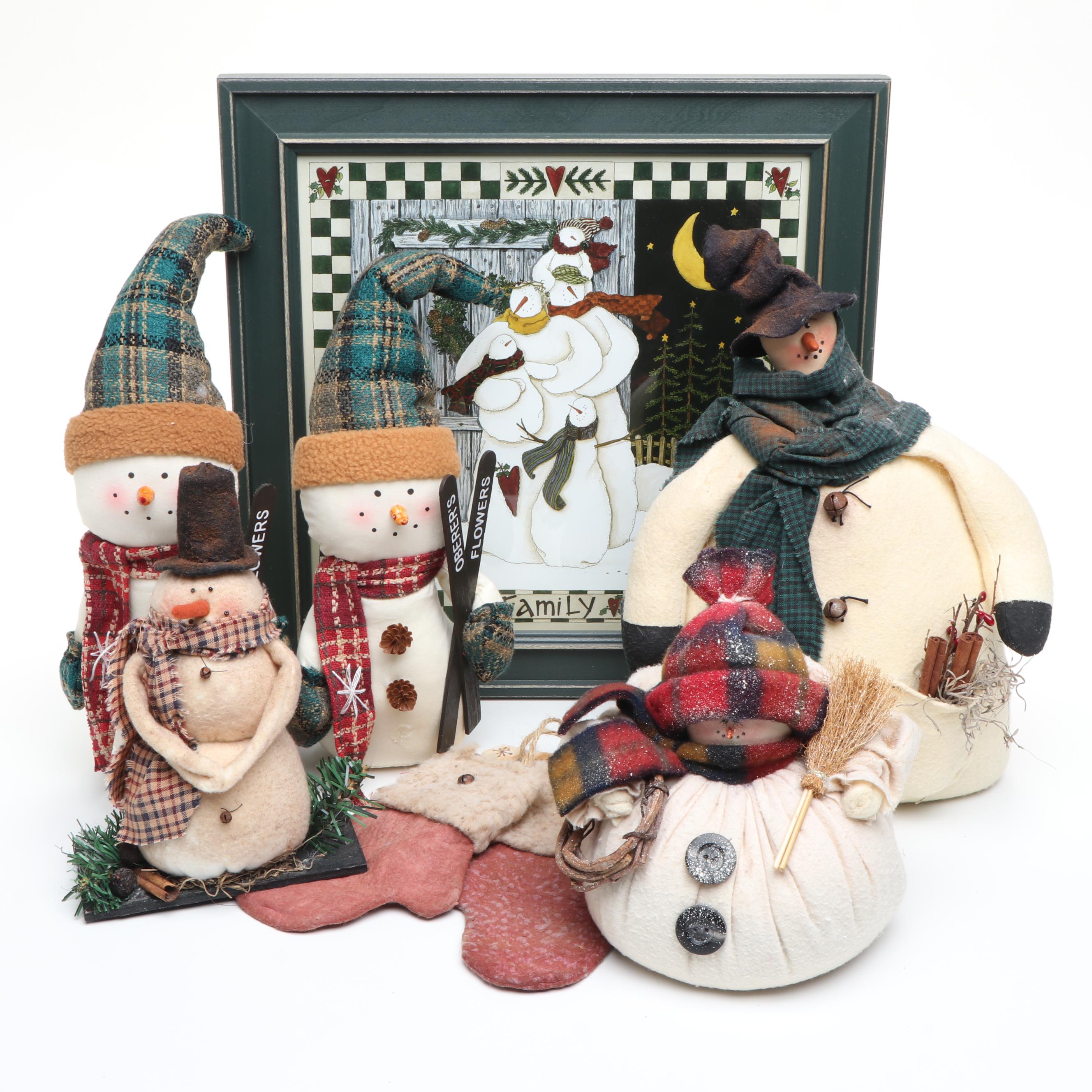 Christmas Folk Art Style Snowmen, Decorative Mittens and Deb Strain Print