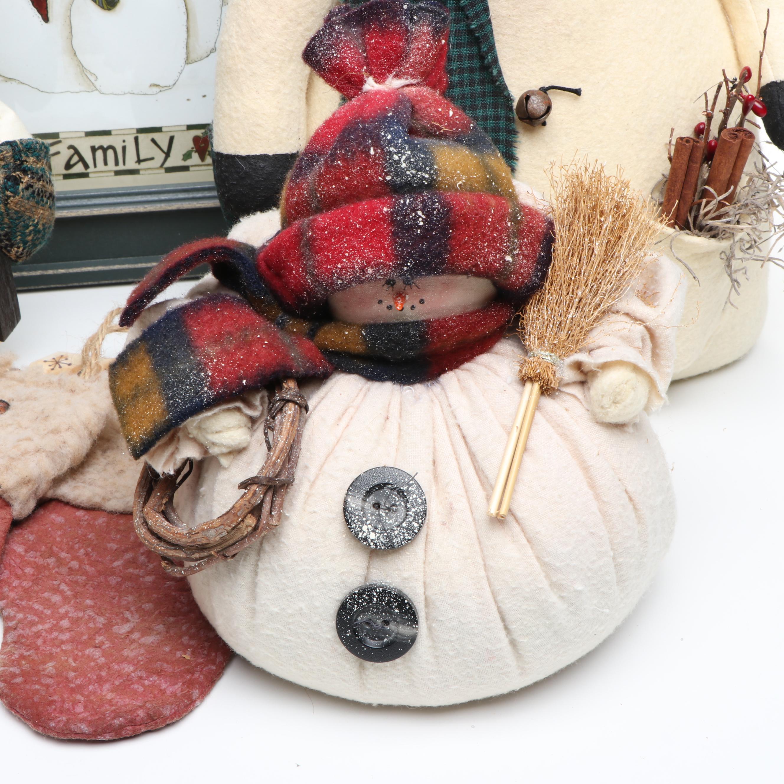 Christmas Folk Art Style Snowmen, Decorative Mittens and Deb Strain Print