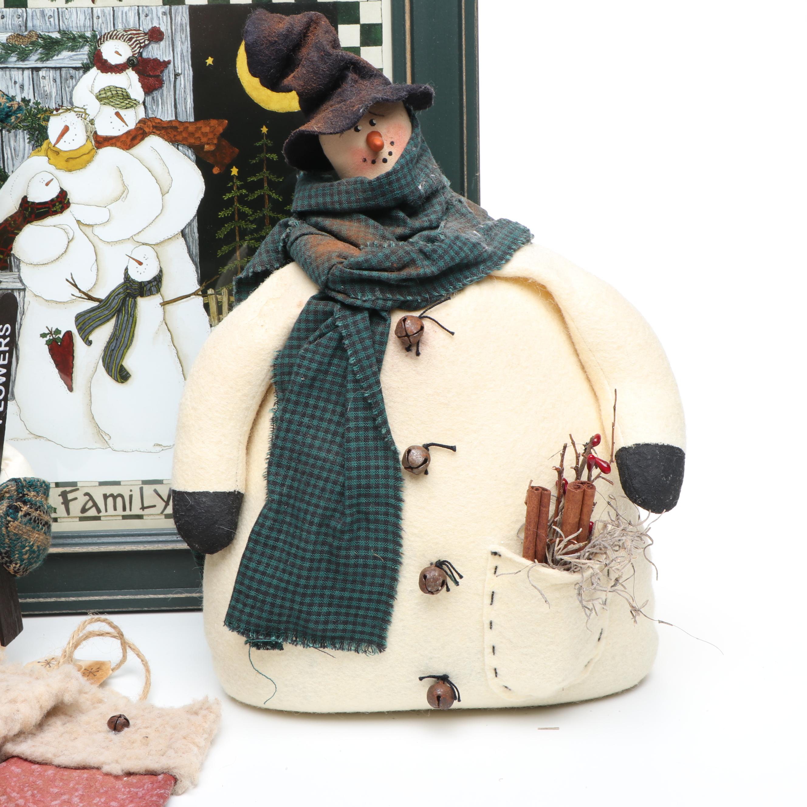 Christmas Folk Art Style Snowmen, Decorative Mittens and Deb Strain Print