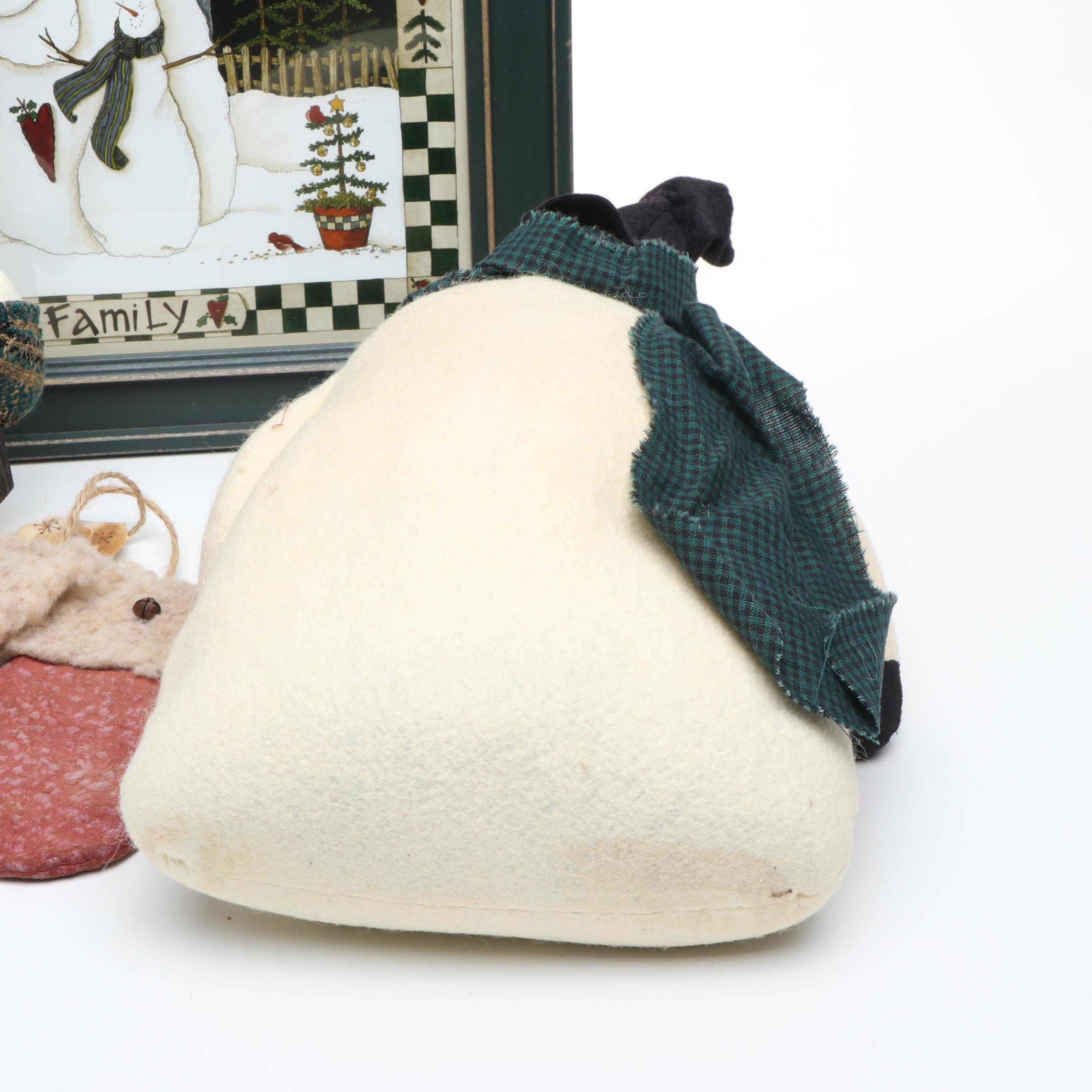 Christmas Folk Art Style Snowmen, Decorative Mittens and Deb Strain Print