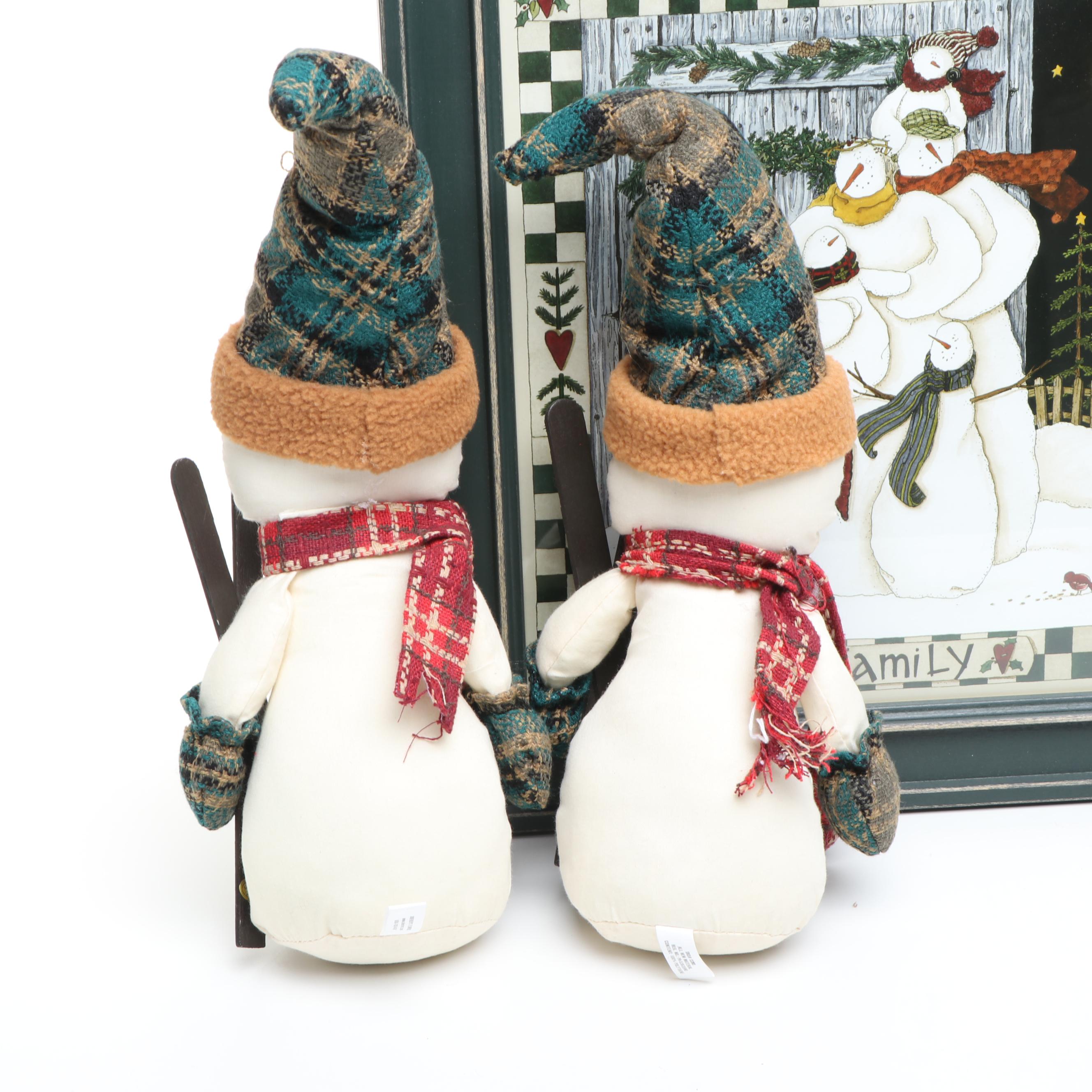 Christmas Folk Art Style Snowmen, Decorative Mittens and Deb Strain Print