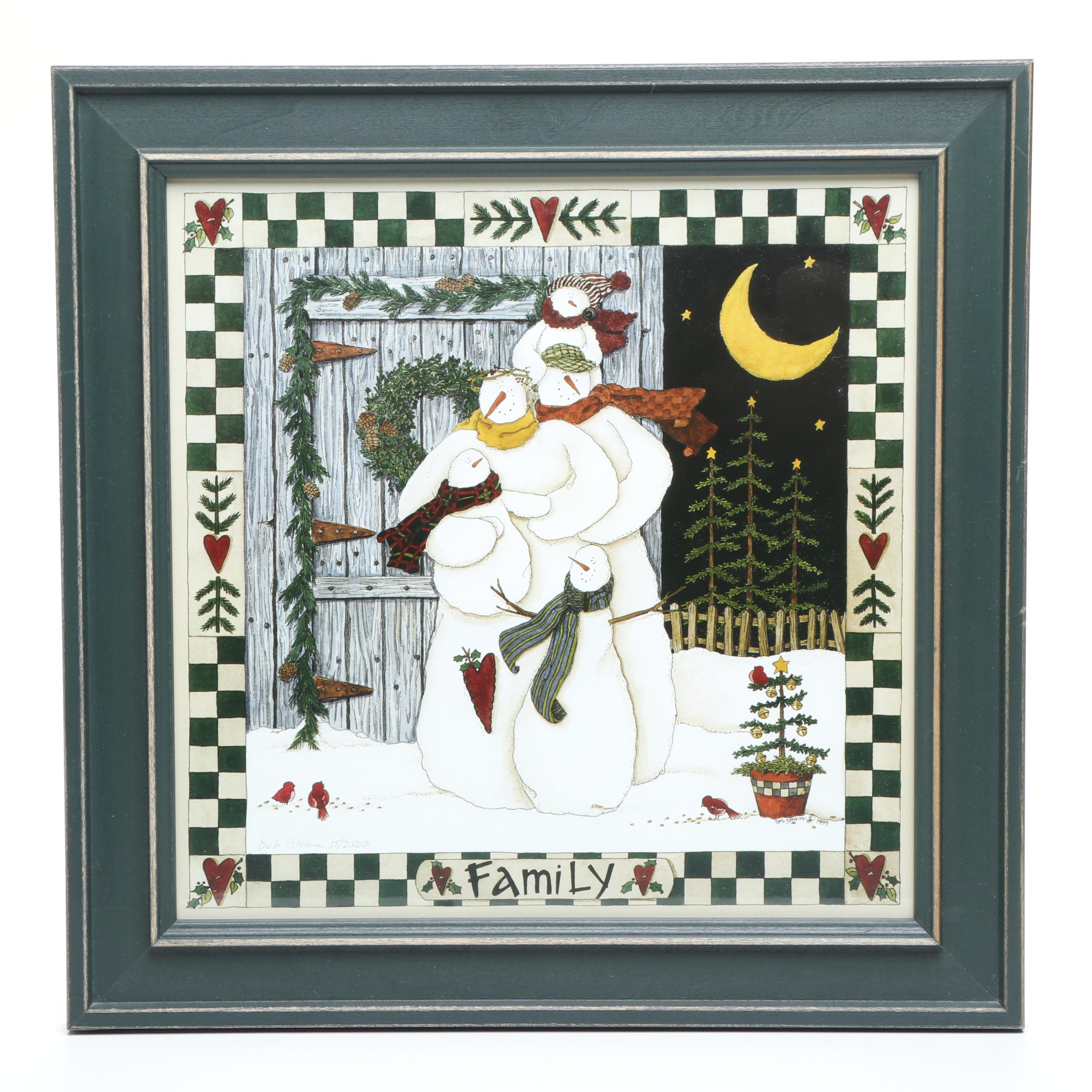 Christmas Folk Art Style Snowmen, Decorative Mittens and Deb Strain Print