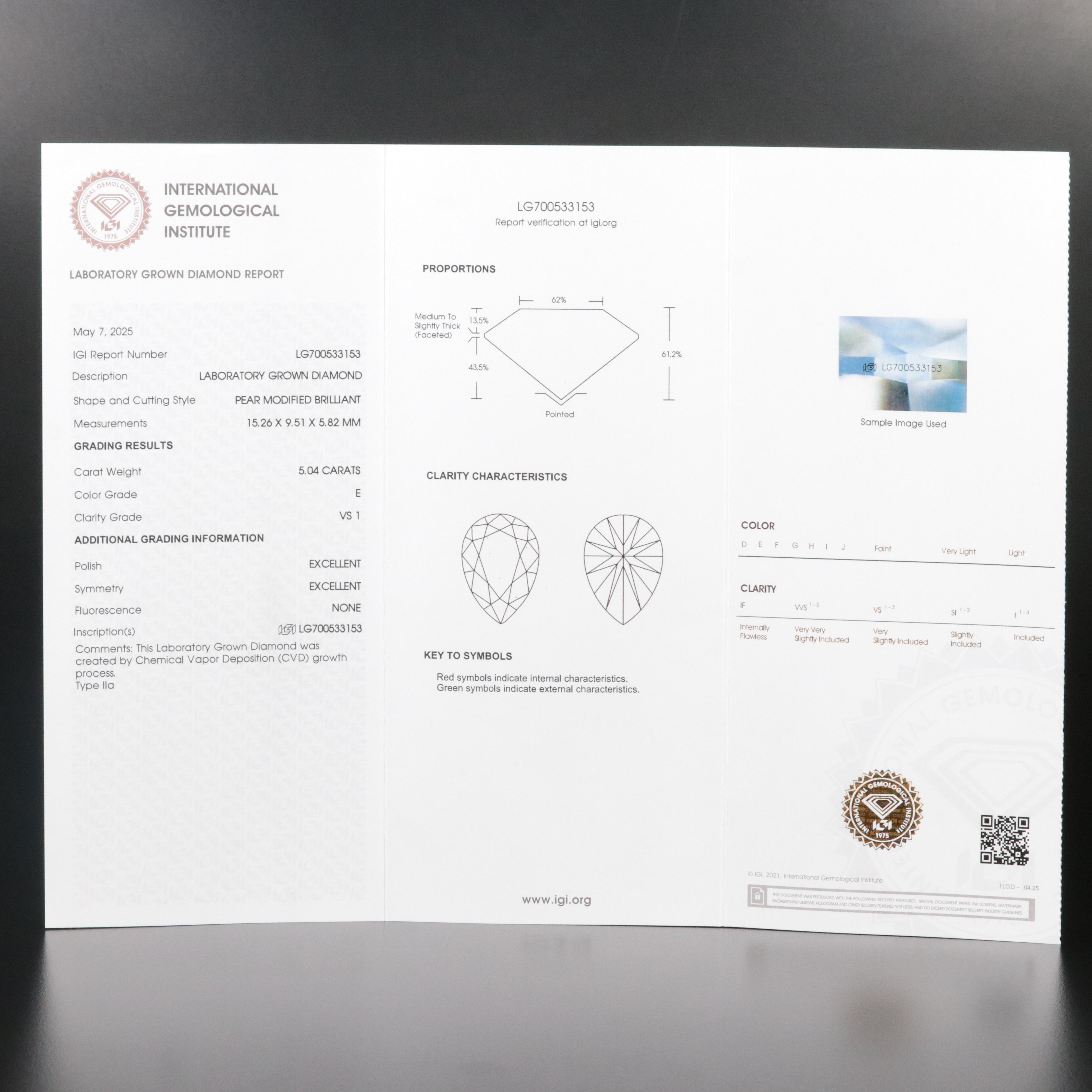 14K 5.04 CT Lab Grown Diamond Solitaire Ring with IGI Report