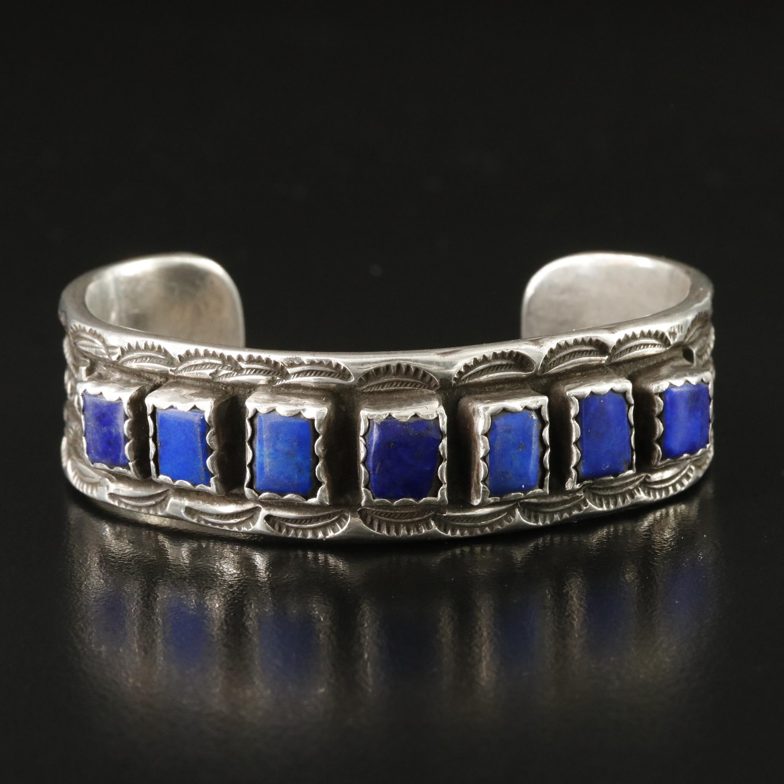 Southwestern Sterling Lapis Lazuli Stampwork Cuff Bracelet