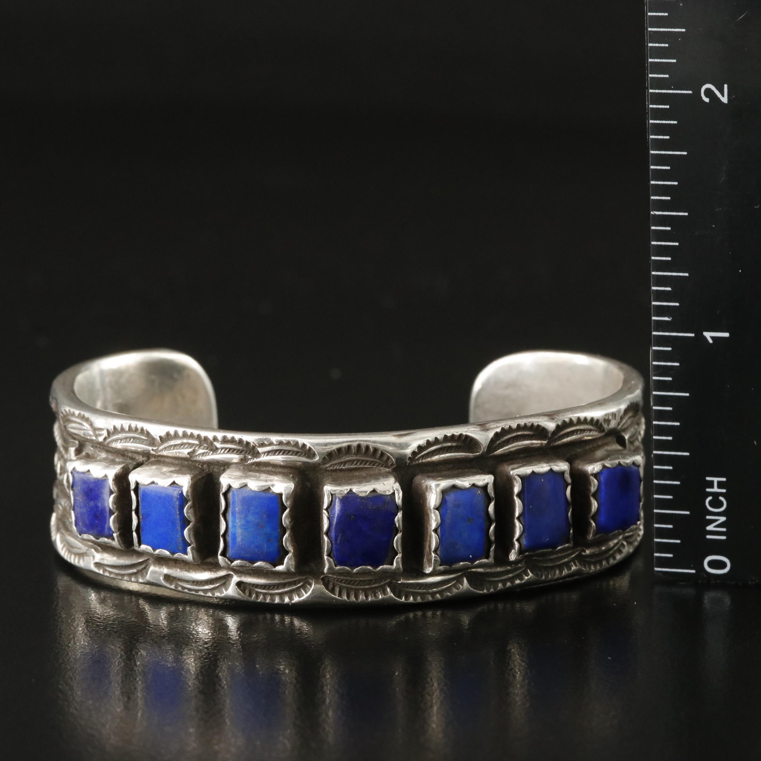 Southwestern Sterling Lapis Lazuli Stampwork Cuff Bracelet