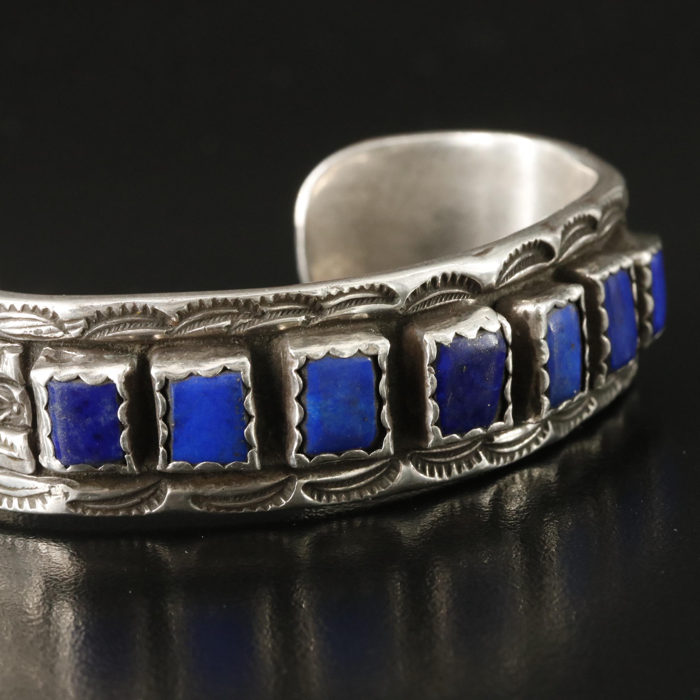 Southwestern Sterling Lapis Lazuli Stampwork Cuff Bracelet