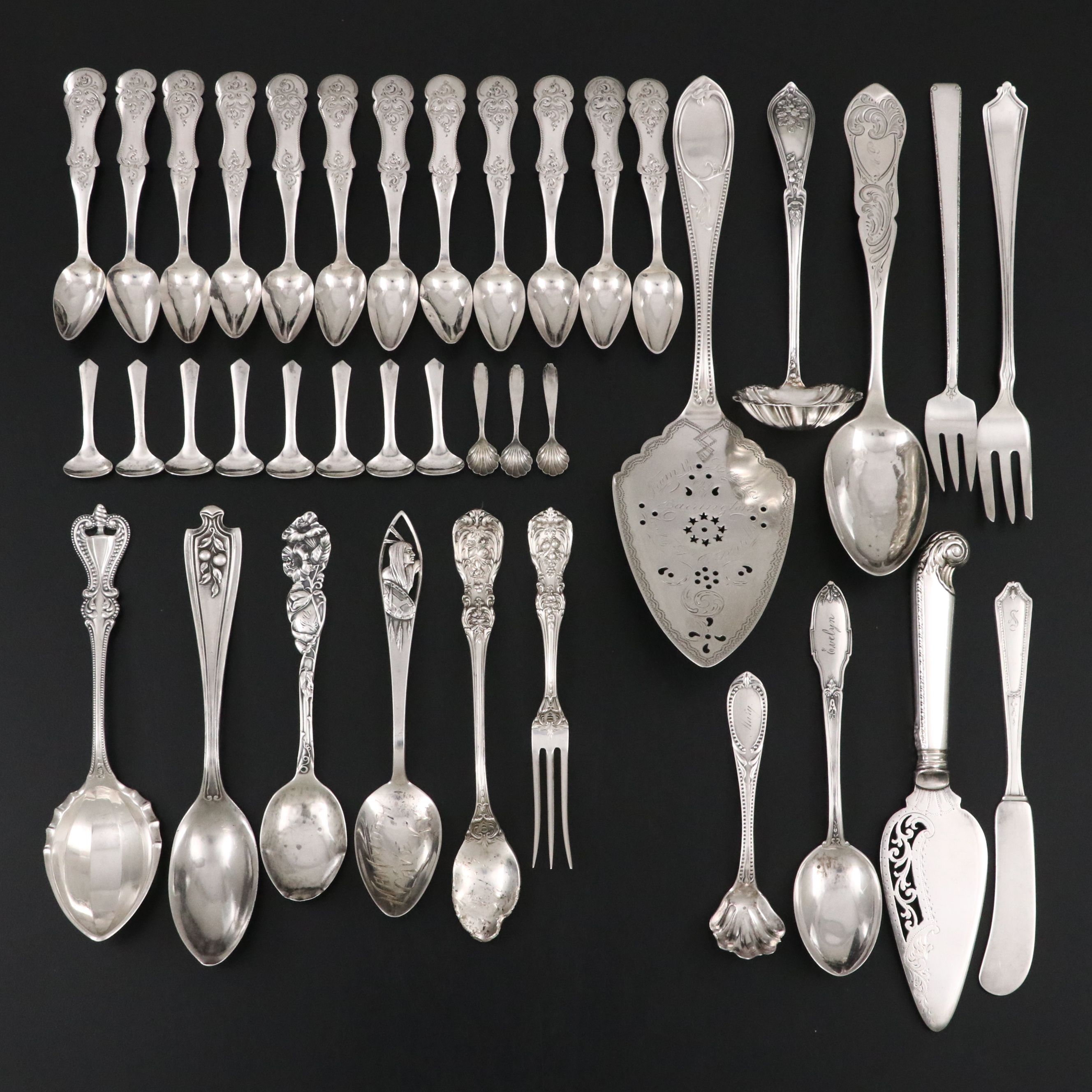 Palmer & Bachelder Coin Silver Bright Cut Cake Server with Sterling Flatware