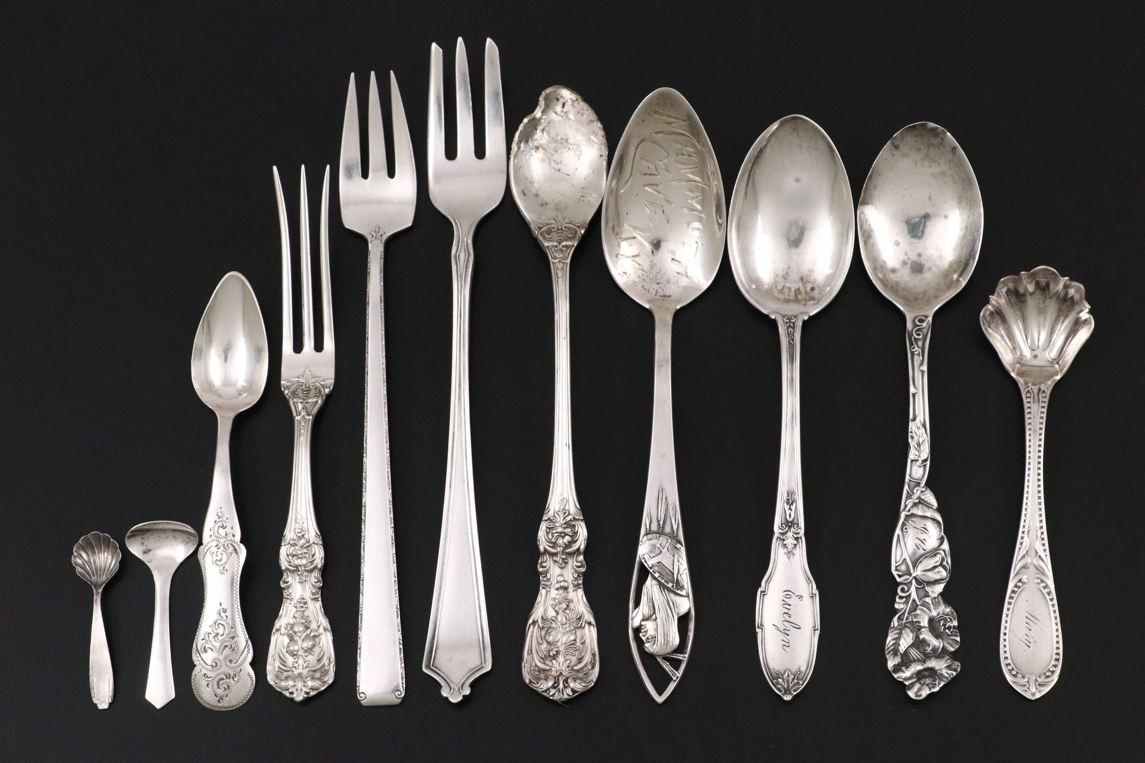 Palmer & Bachelder Coin Silver Bright Cut Cake Server with Sterling Flatware