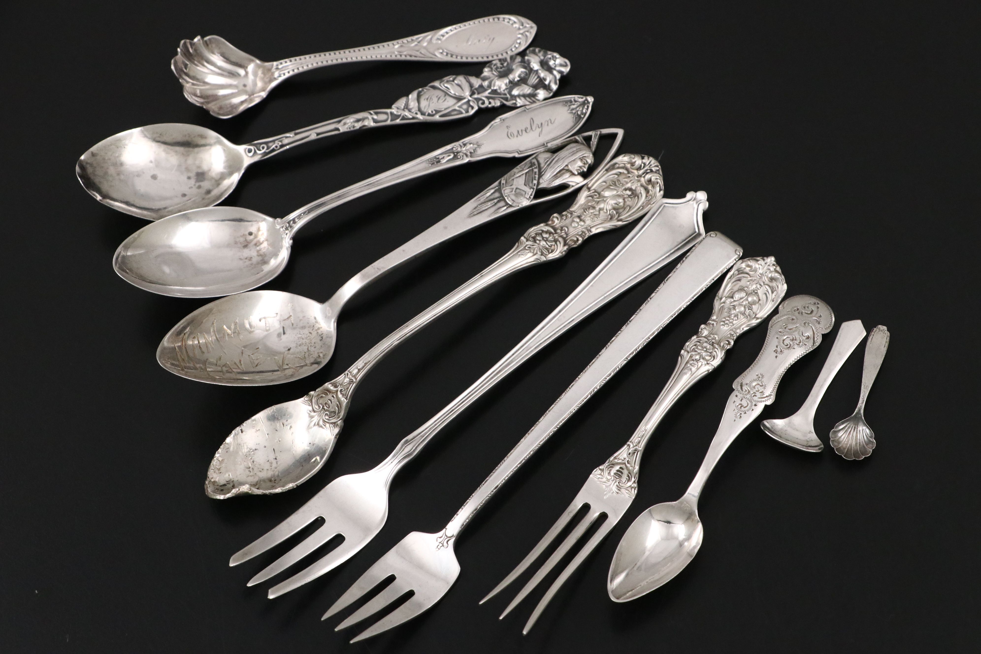 Palmer & Bachelder Coin Silver Bright Cut Cake Server with Sterling Flatware