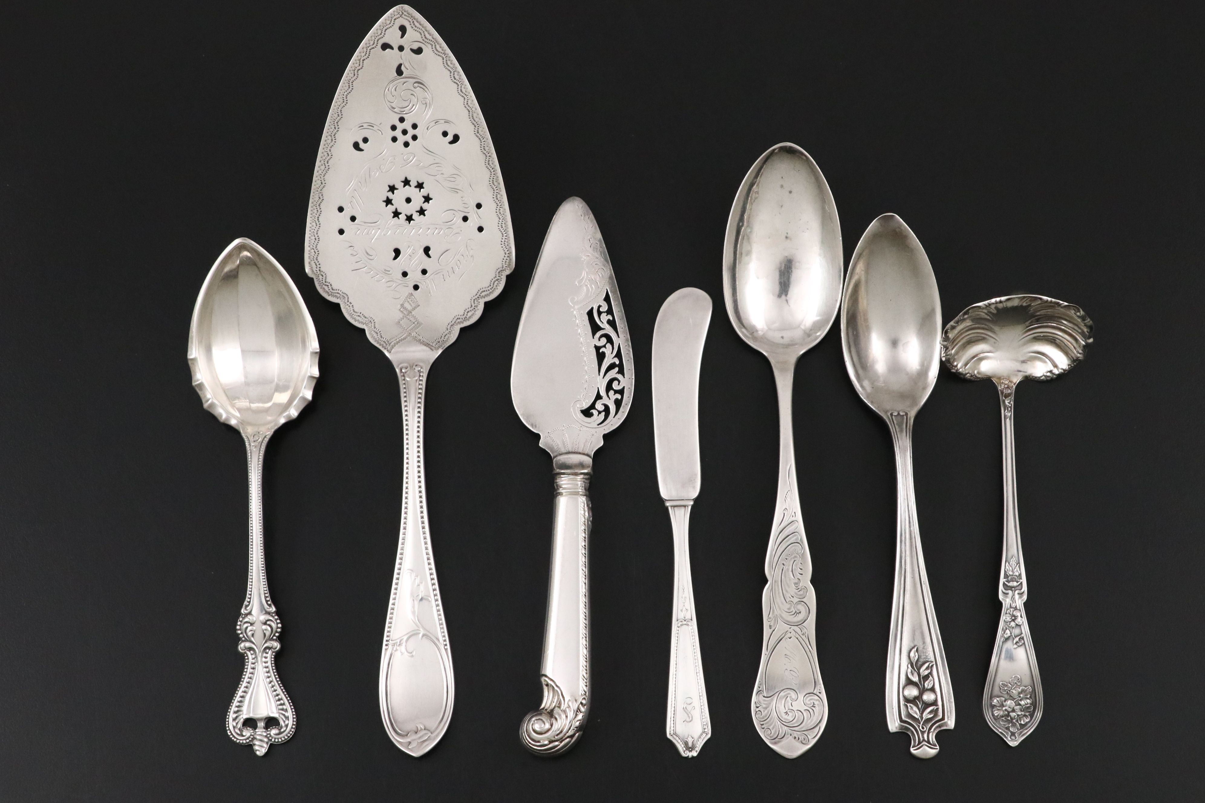 Palmer & Bachelder Coin Silver Bright Cut Cake Server with Sterling Flatware