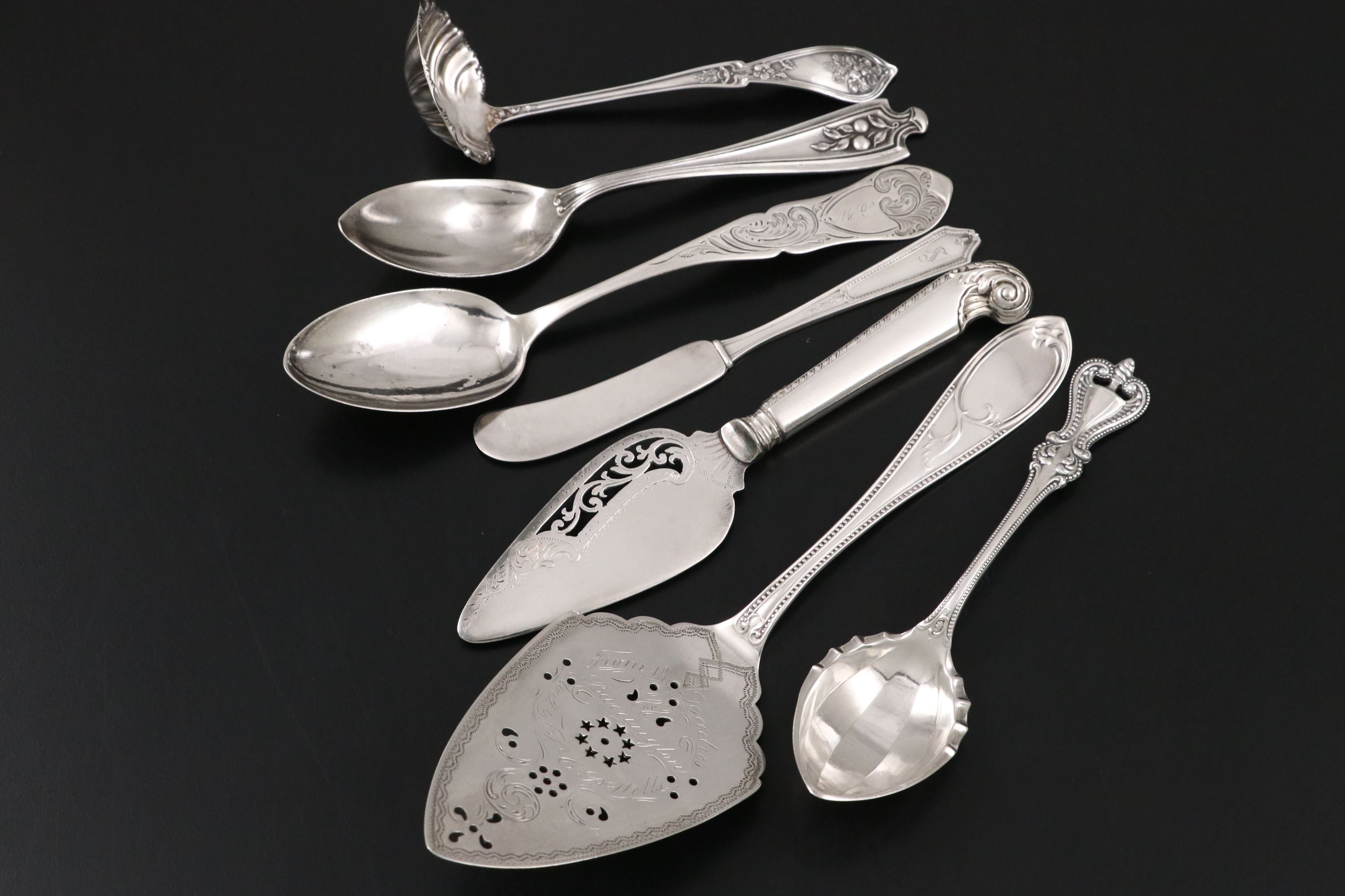 Palmer & Bachelder Coin Silver Bright Cut Cake Server with Sterling Flatware