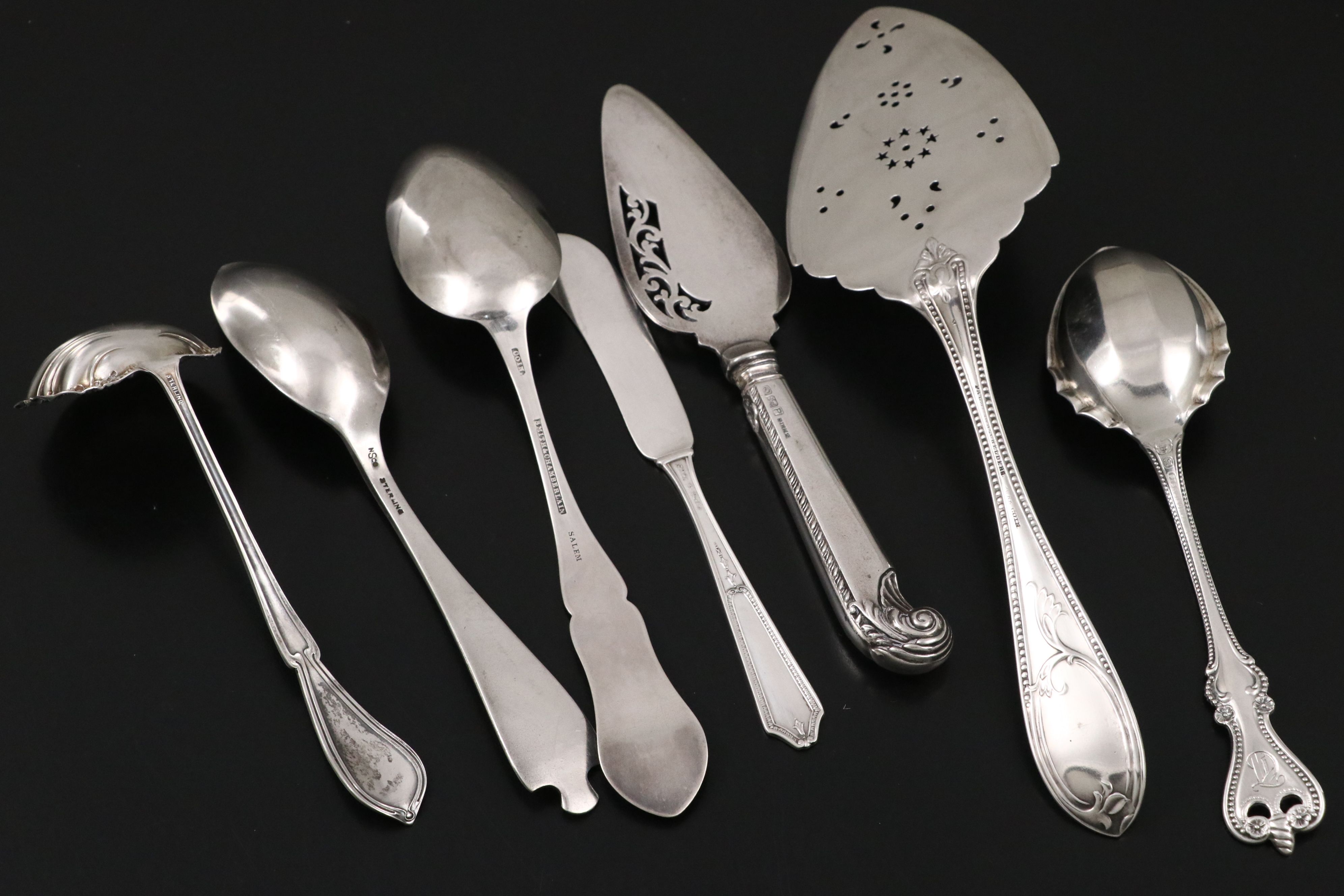 Palmer & Bachelder Coin Silver Bright Cut Cake Server with Sterling Flatware