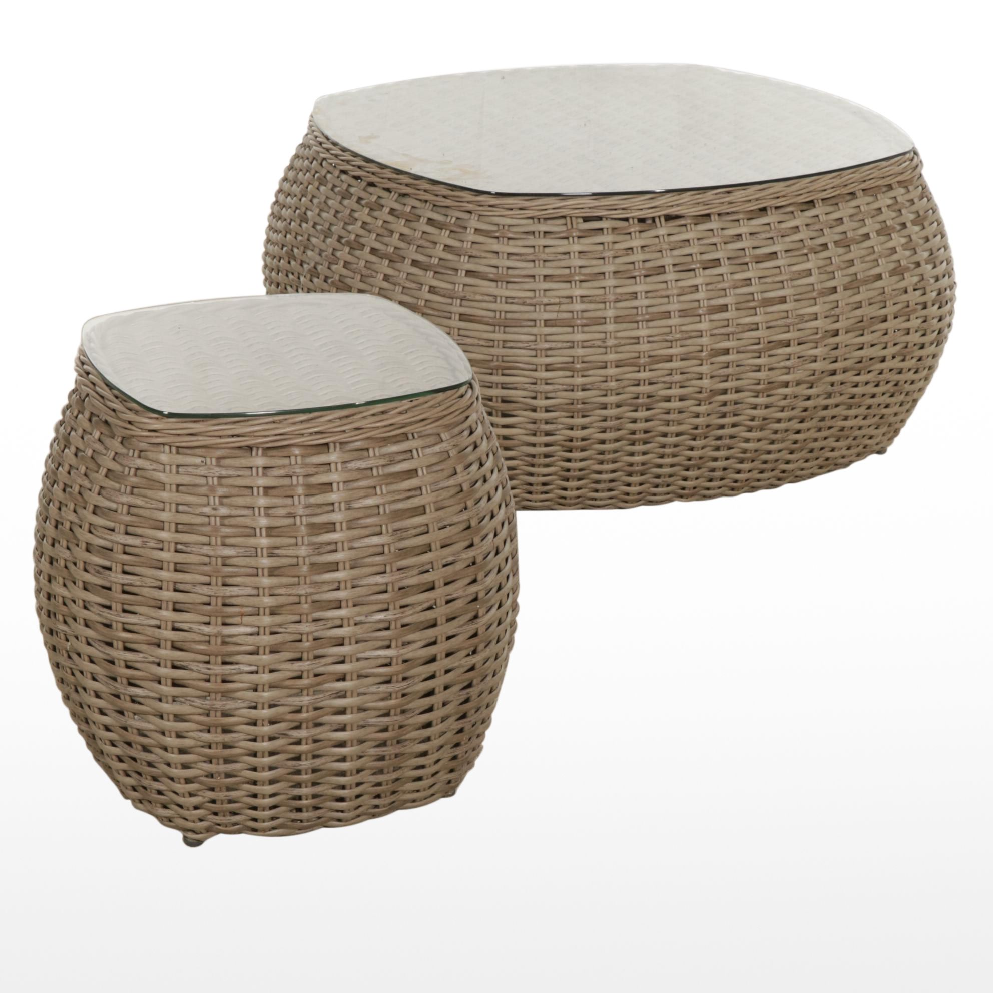 Ebel Faux Rattan Wicker Glass-Top Patio Coffee and Side Tables