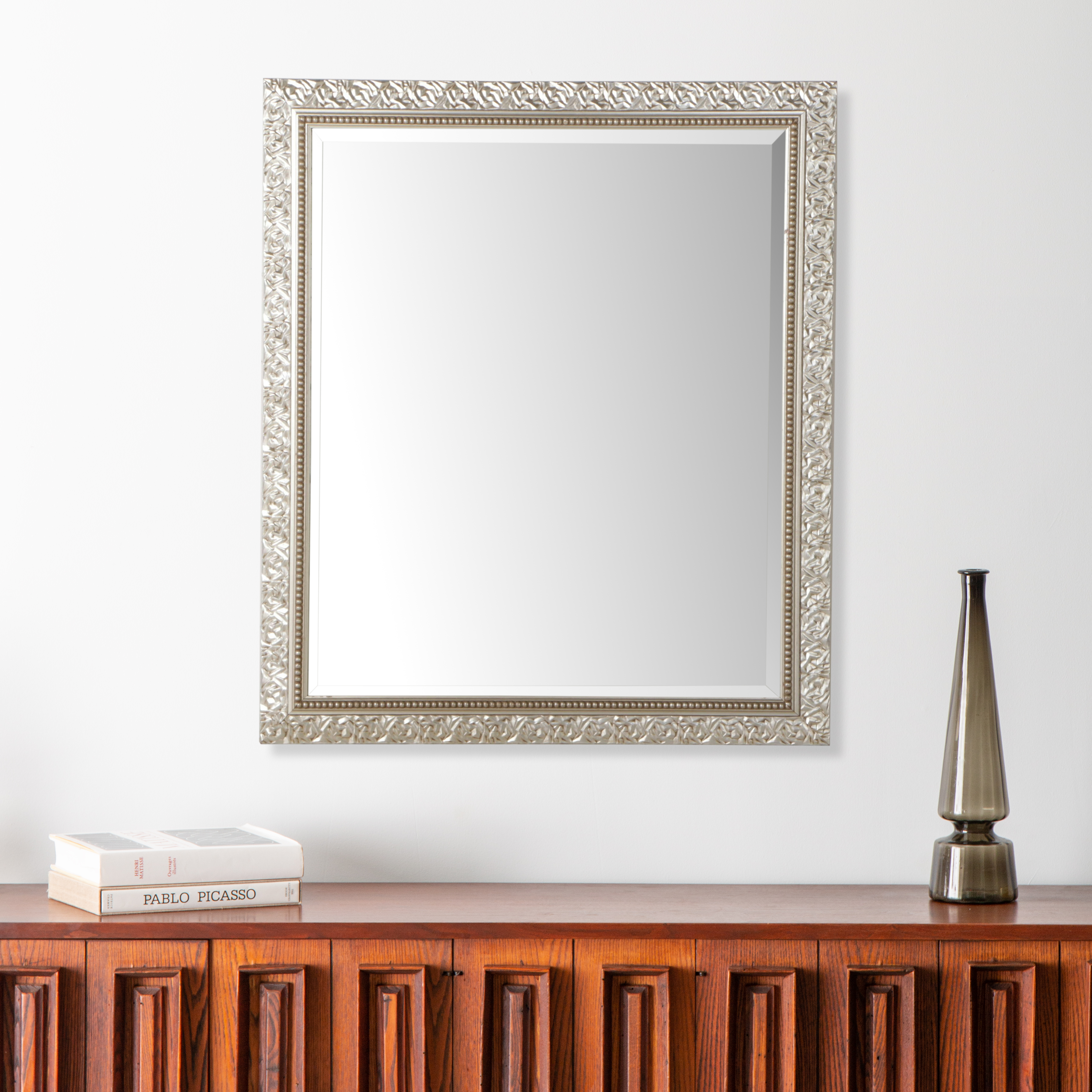 Contemporary Silvered Wood Rectangular Wall Mirror