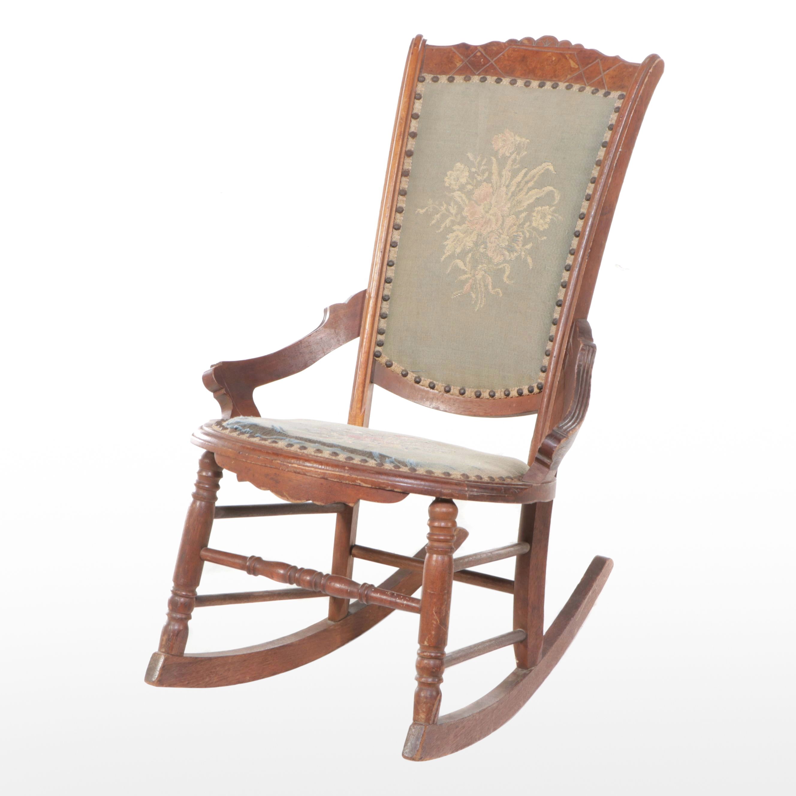 Victorian Carved Walnut Rocking Chair with Floral Needlepoint Seat