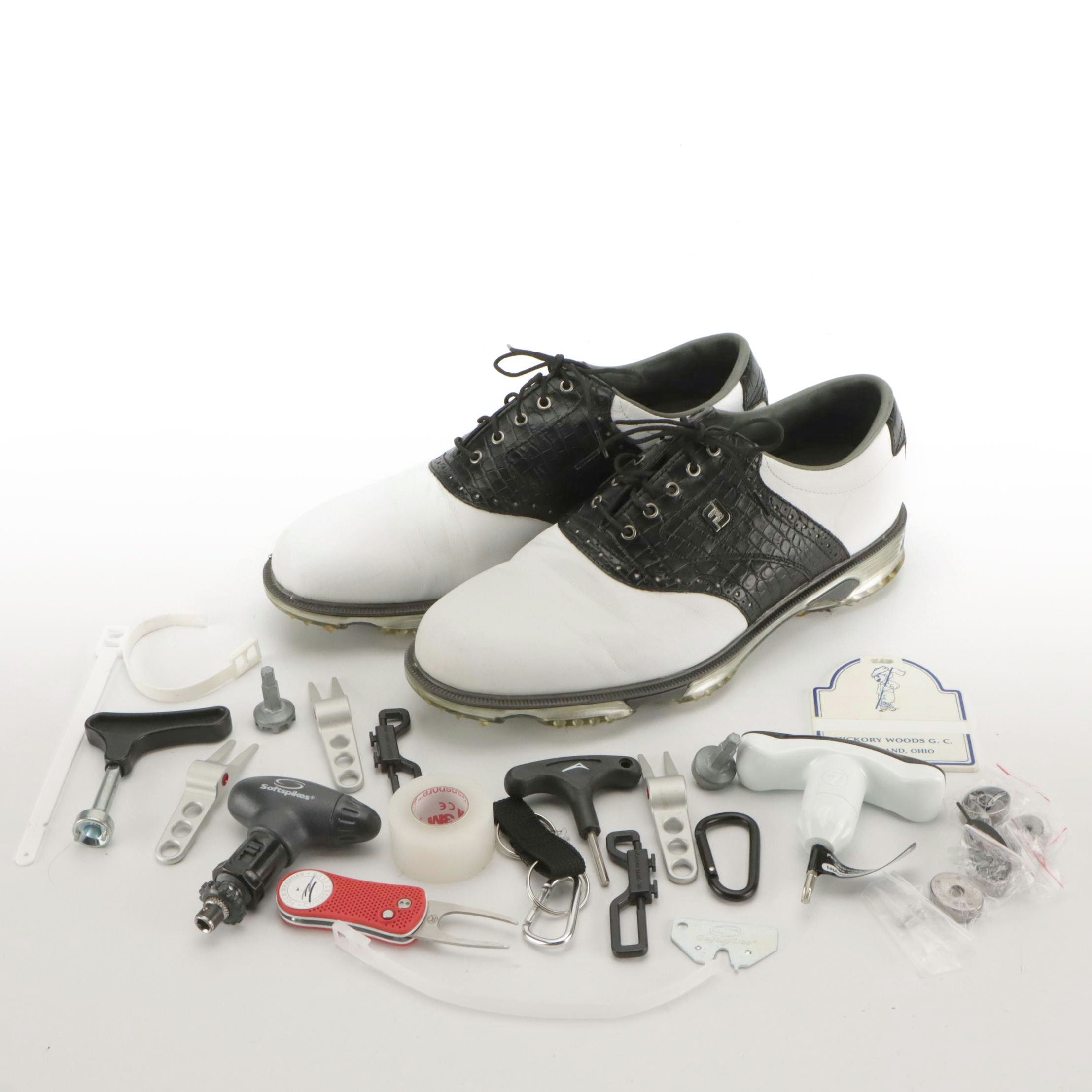 Men's FootJoy DryJouys Tour Saddle Golf Shoes in White & Embossed Leather W More