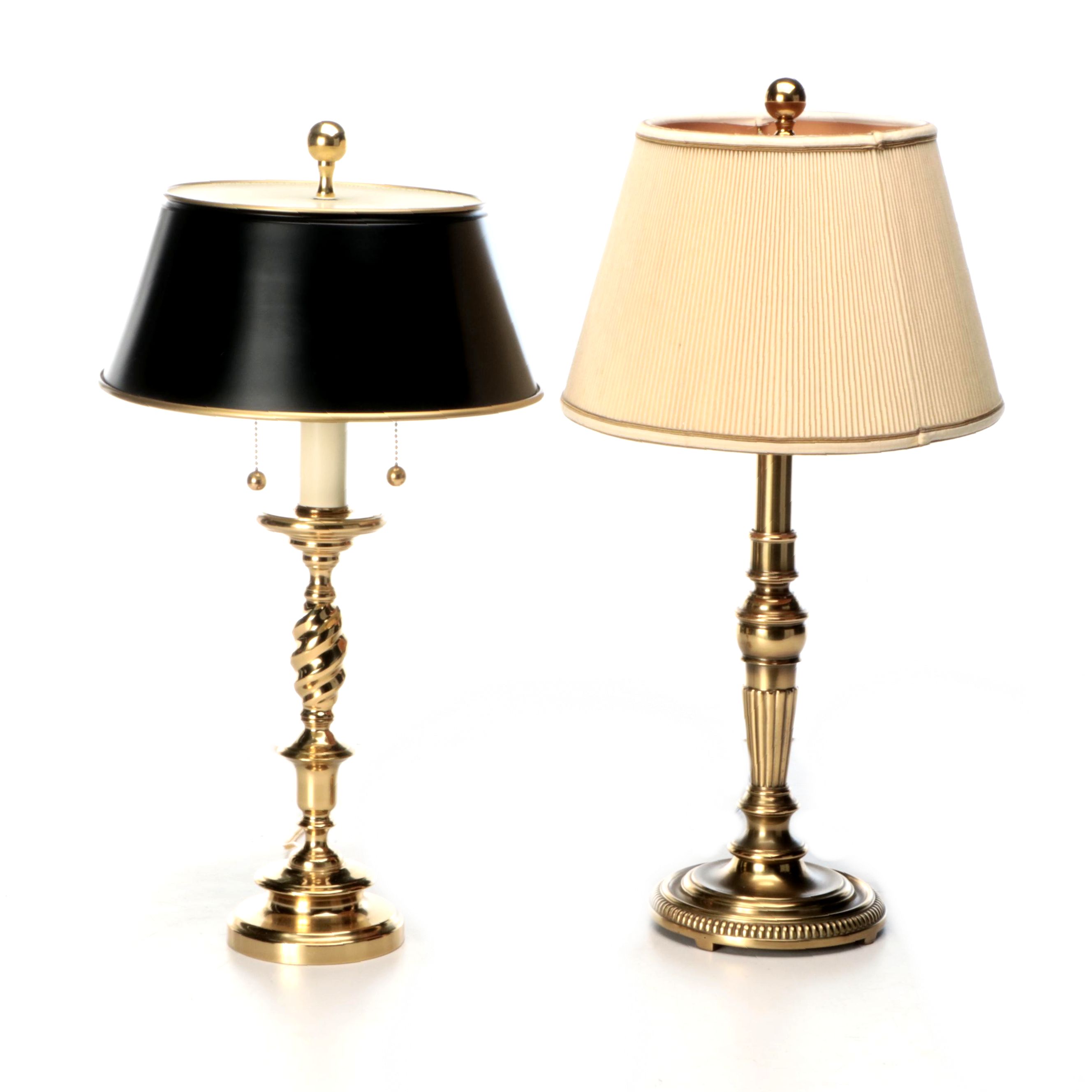 Spiral Brass and Candlestick Brass Table Lamps, Paper and Pleat Fabric Shades
