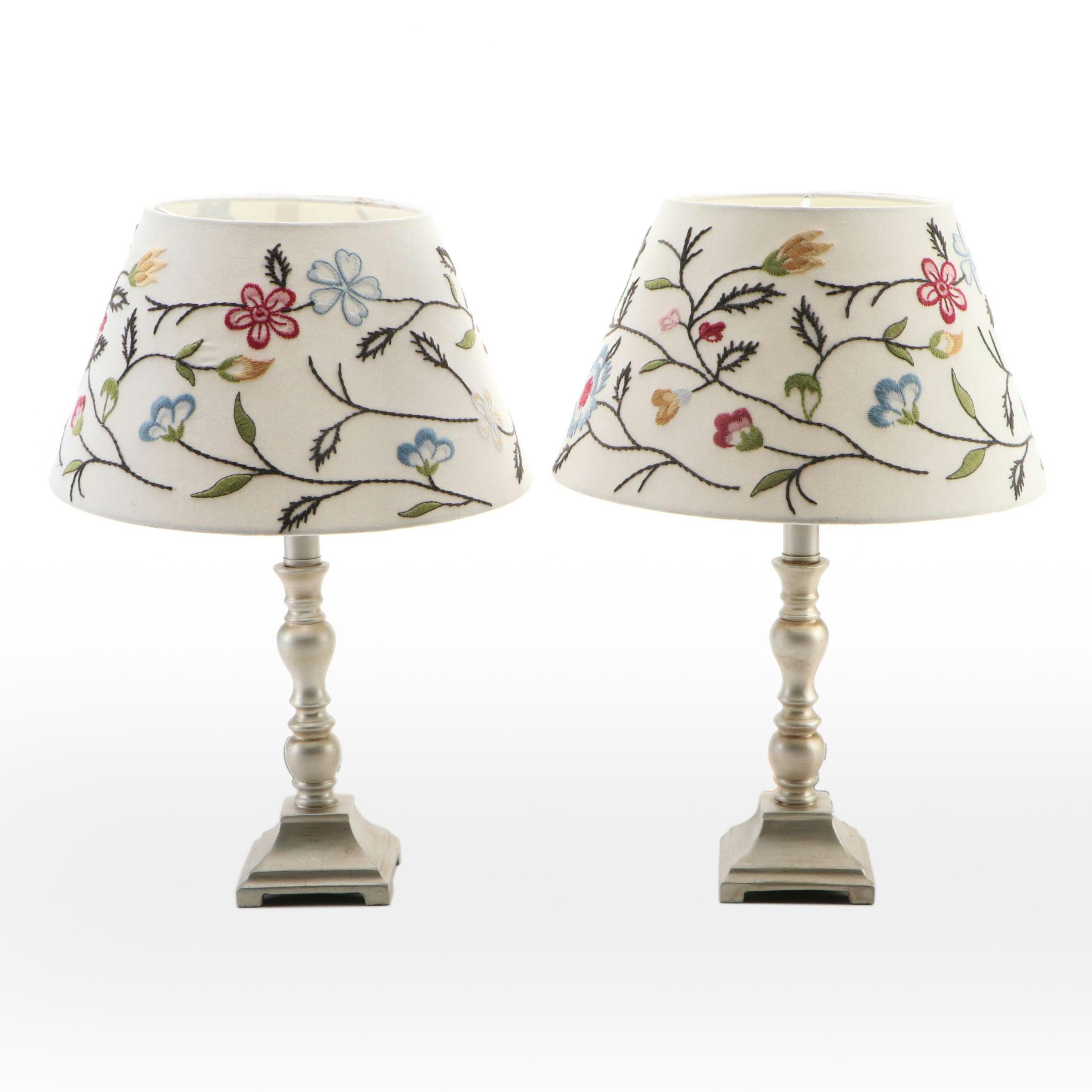 Silver Gilt Candlestick Table Lamps with Crewel Work Shades, 2012